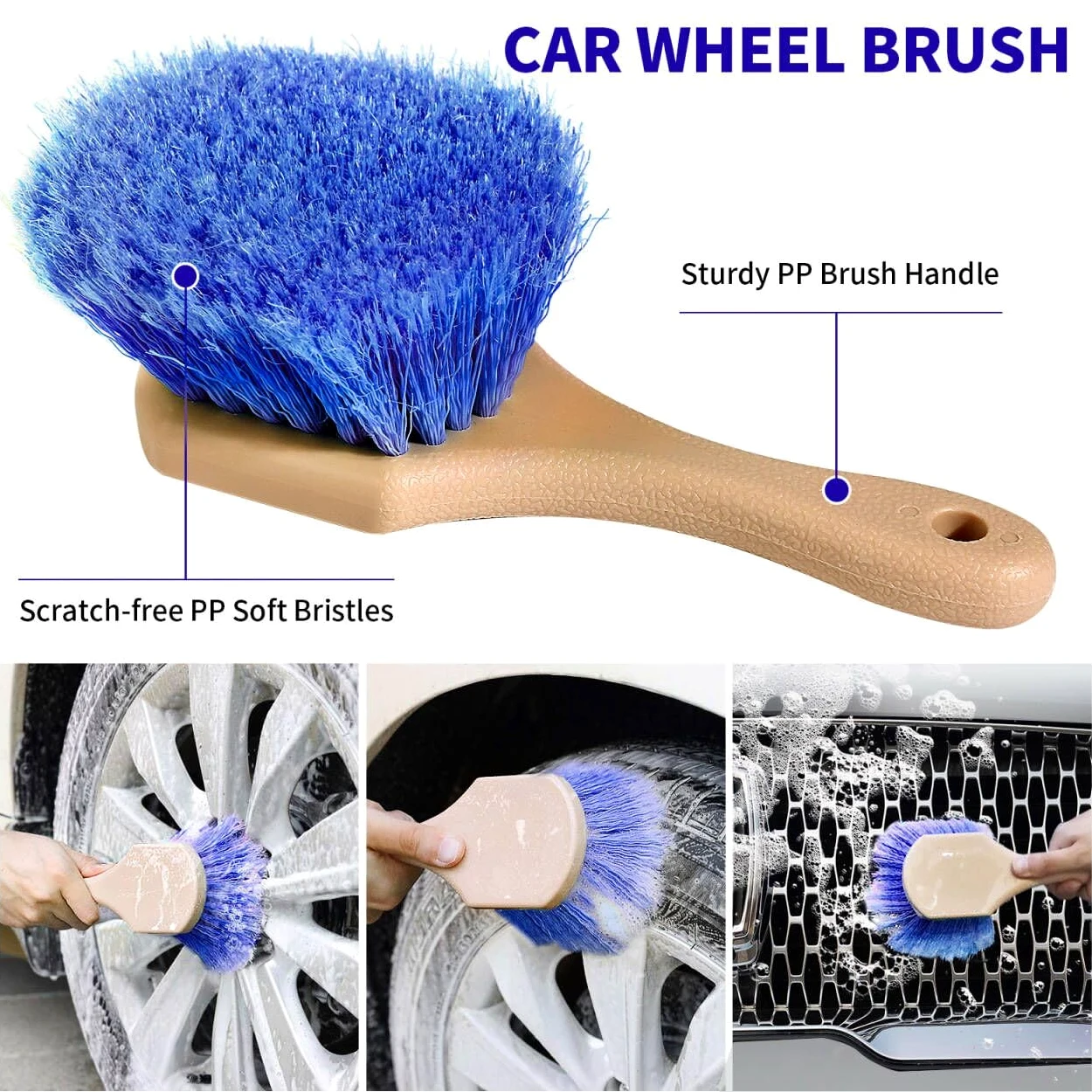 Wontolf Cepillo de Lavado de Coche de 62 Pulgadas con Mango Largo, cerdas Suaves sin arañazos, Cepillo Resistente para Lavado de Coche, Kit de Limpieza Completo con Guante de Lavado de Coche, Toalla,