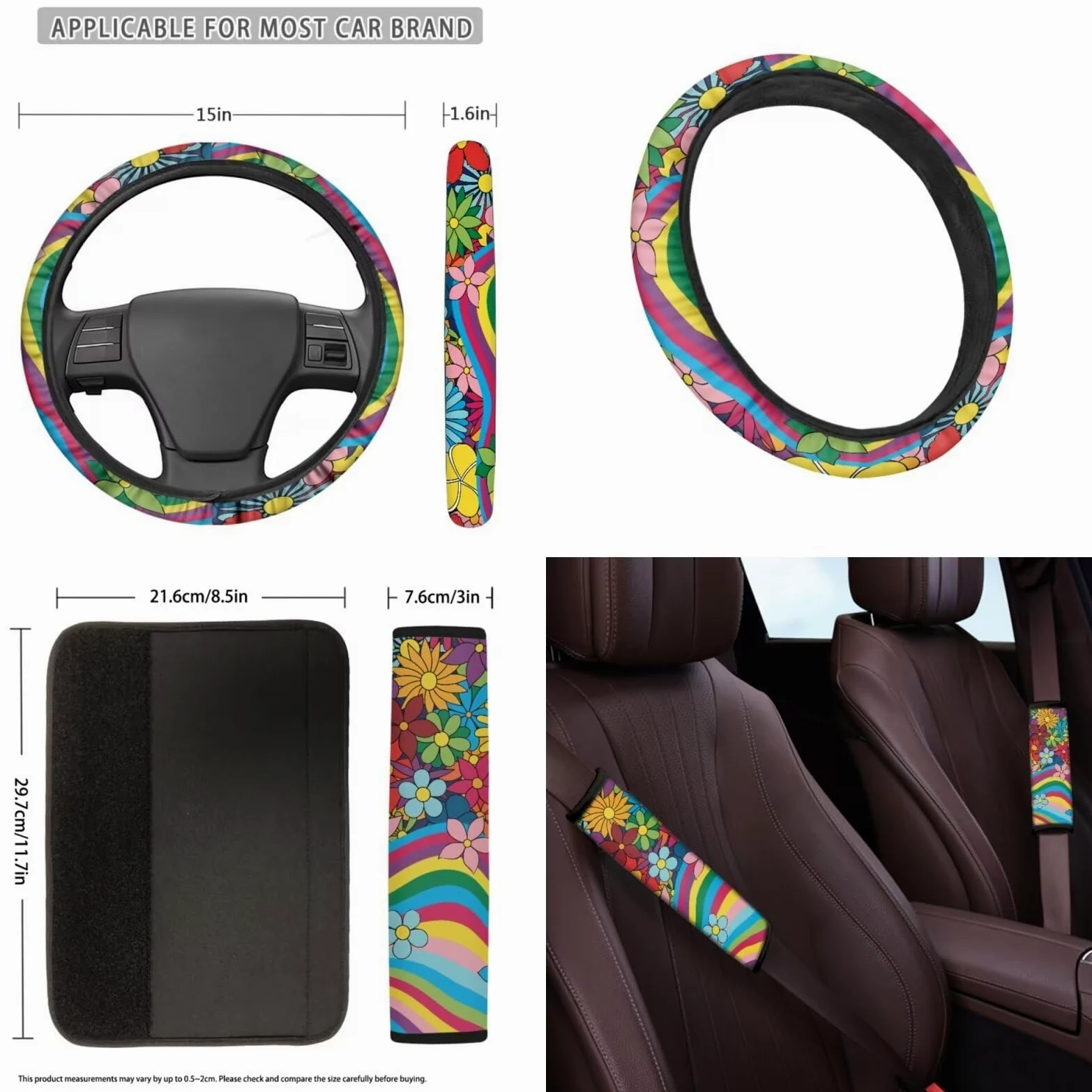 Juego completo de fundas para asientos de coche 70S Floral, juego de 10 con estampado de ondas arcoíris hippie, funda para volante, bolsa de basura
