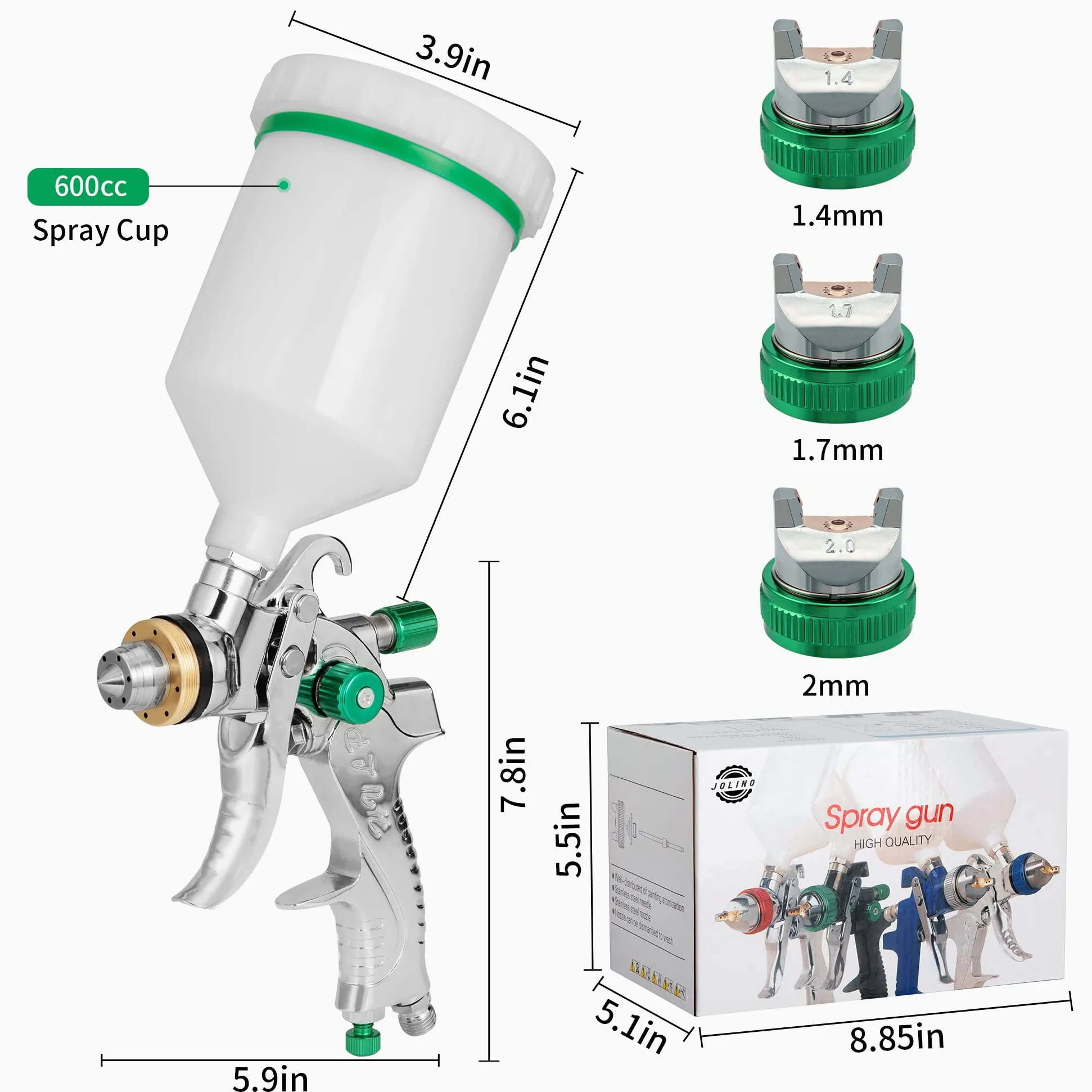HVLP - Pistola de pulverización de aire profesional con 3 boquillas de 1,4/1,7/2 mm y vasos de 600 cc