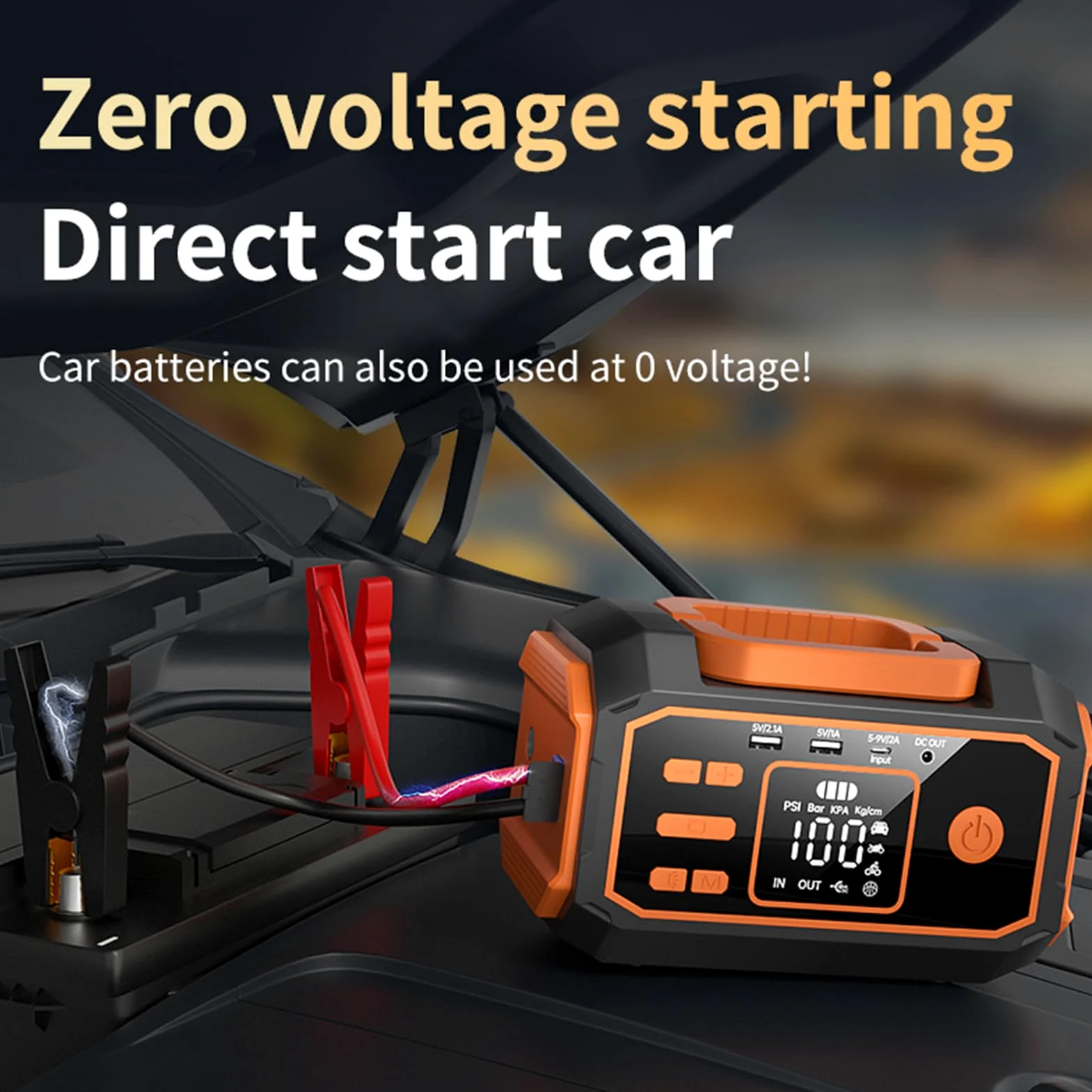 FTVOGUE Arrancador Portátil de BateríA, Compresor de Aire 10000 MAh 600 A Pico, for Arranque de Emergencia y Inflado (Orange)