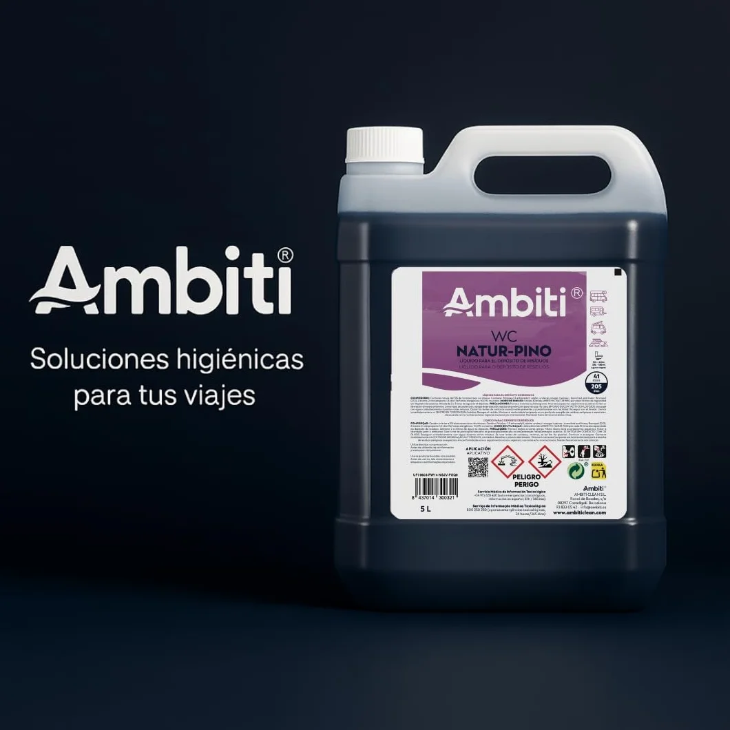 Ambiti | Natur Pino 5L | Aditivo para Depósito de Residuos Aguas Negras | Inodoros Portátiles de Autocaravanas, Caravanas y Barcos | Elimina Olores,residuos y Desinfecta | Fragancia a Pino