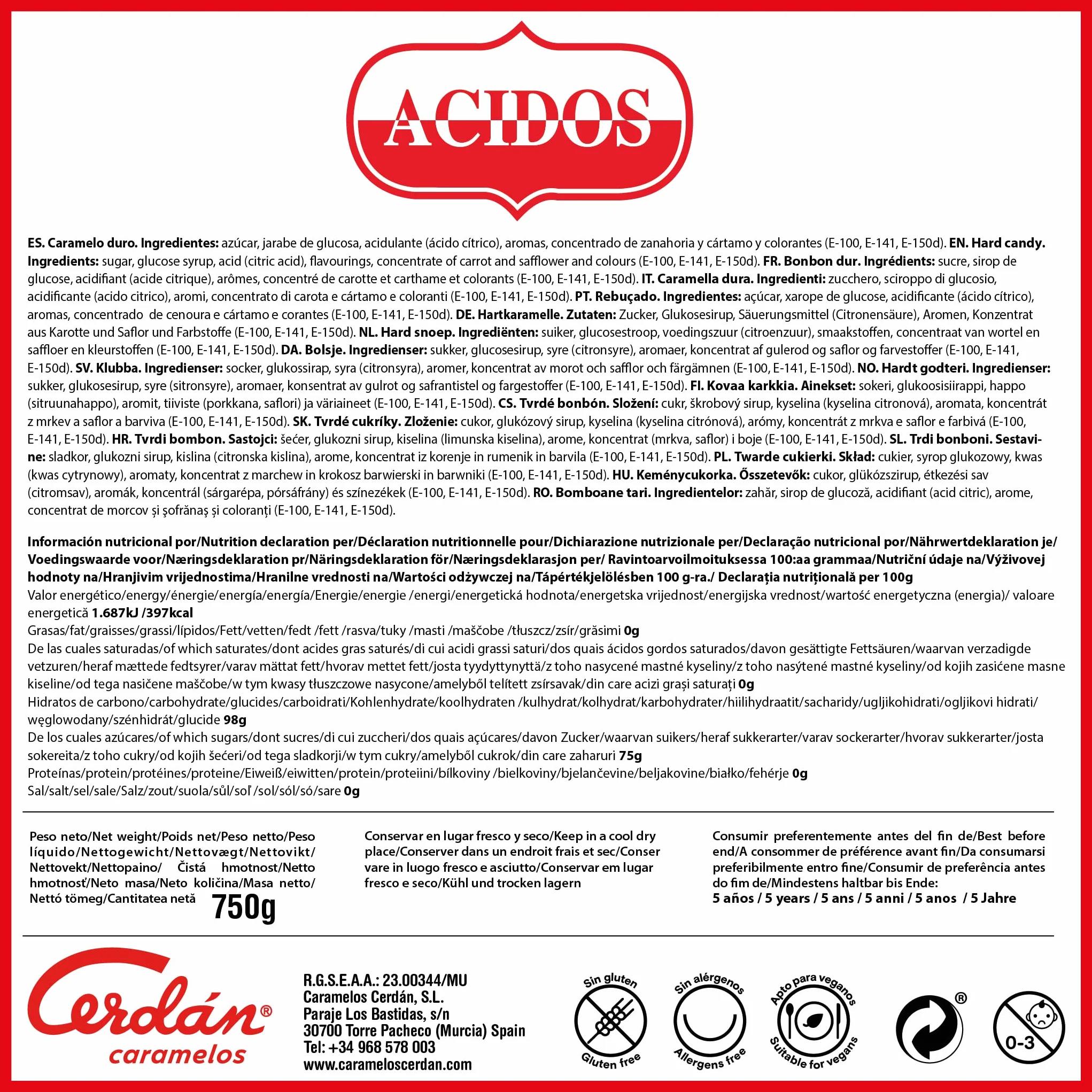 Caramelos Cerdán Caramelos Ácidos de Sabores Variados Bolsa 225 Unidades 750 g Caramelo Duro Sin Gluten