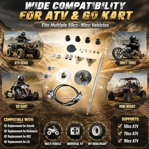 Marco Go Kart de 29 Pulgadas, Kit de Eje Go Kart, Kit de Montaje de Eje Trasero Vivo, Piñón de Eje, Cadena, Pinza de Disco de Freno, Bujes de Rueda de Repuesto para Quads ATV de