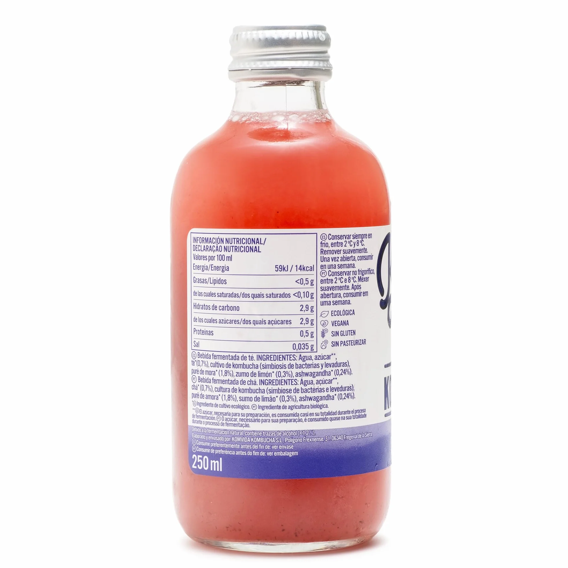 Kombucha Komvida Superflow Ecológica Té fermentado Ashwagandha Mora Probióticos Naturales Sin Azúcares 250ml