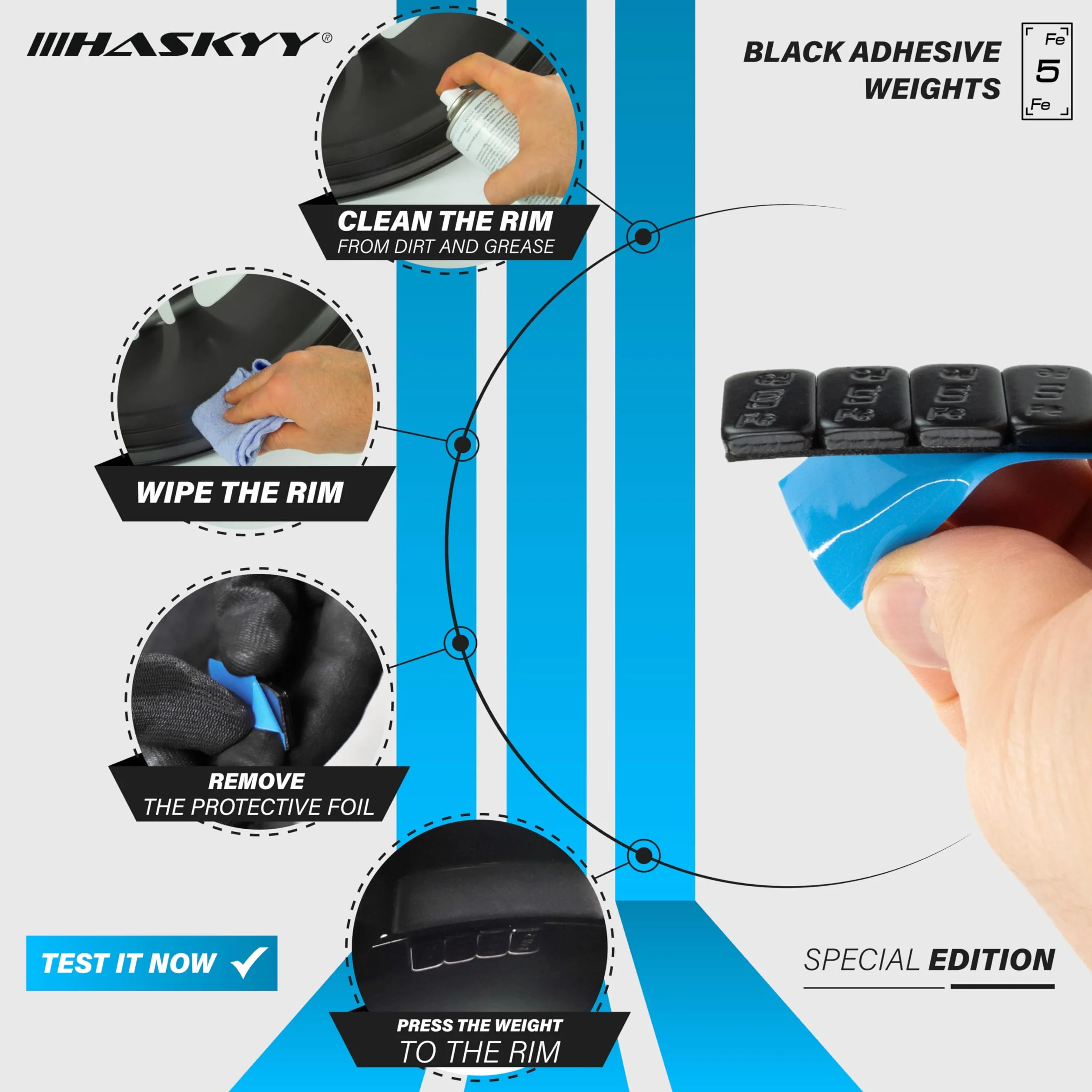 HASKYY Pesos adhesivos 54 kg, color negro, 10.800 x 5 g cada uno, peso de equilibrio para llantas de aleación, con revestimiento de plástico, peso adhesivo FE