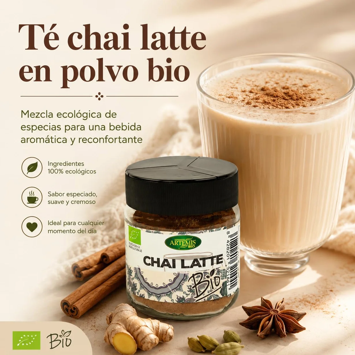 Chai Latte Bio Artemis 60 g té en polvo con especias ecológicas mezcla para leche o bebida vegetal