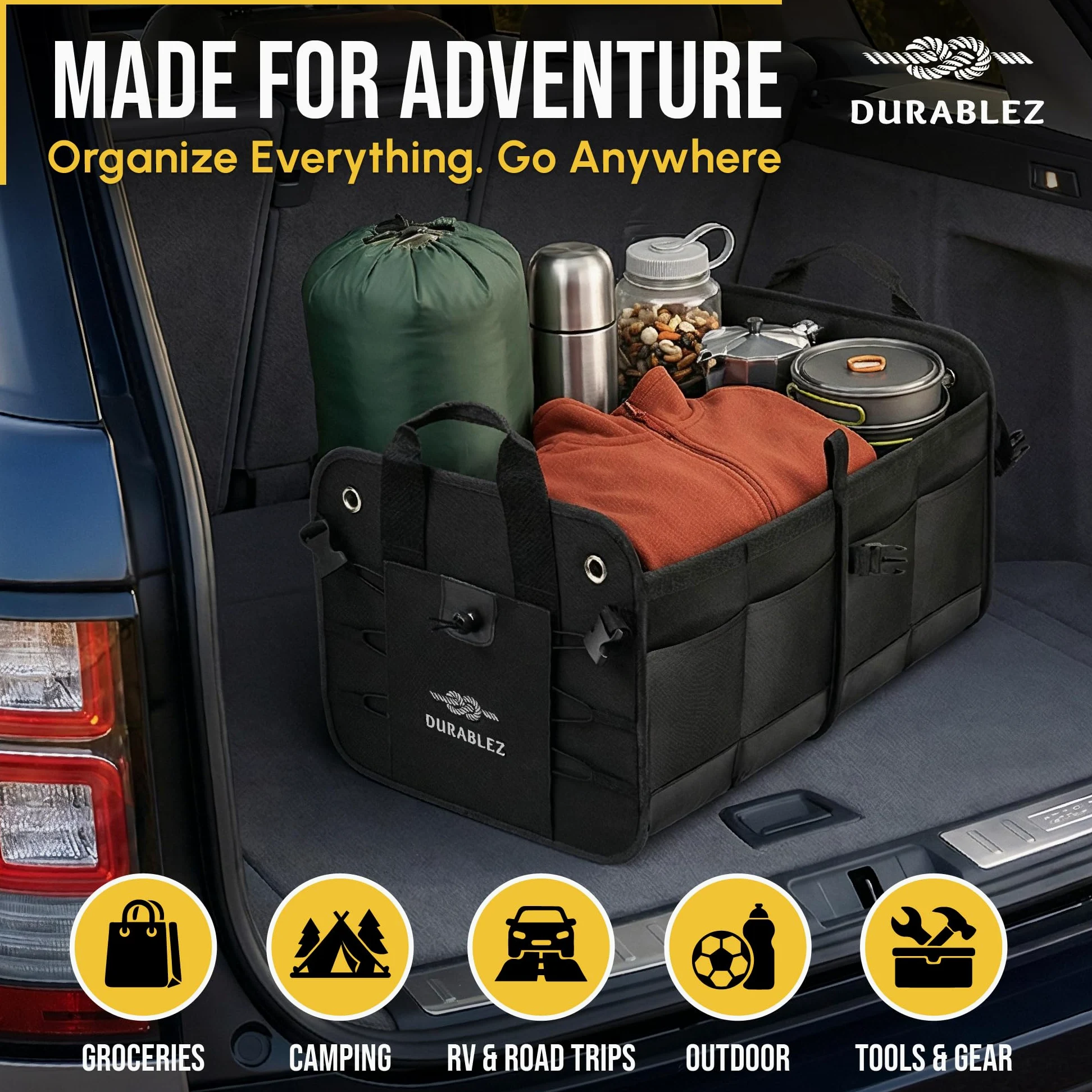 Organizador de maletero de coche, plegable, con red de cobertura, separadores extraíbles, almohadillas antideslizantes acoplables, correas de montaje y ganchos inoxidables, para SUV, camión, sedán,