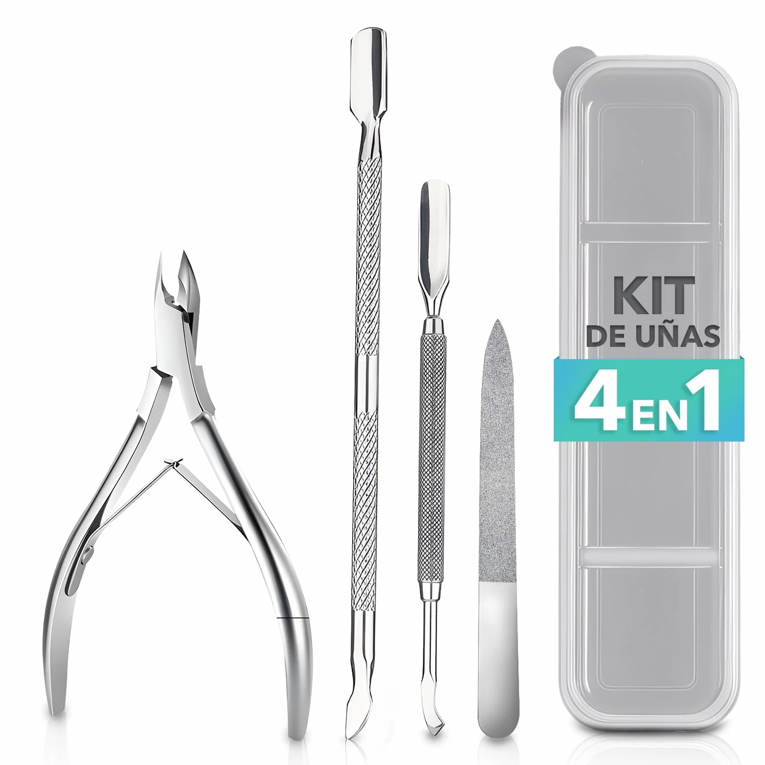 Set Manicura y Pedicura Profesional 4 en 1 – Cortacutículas, Lima de Uñas y 2 Empujadores de Cutículas de Acero Inoxidable – Kit Corta Uñas Adulto, Removedor de Cutículas, Ideal para Viaje