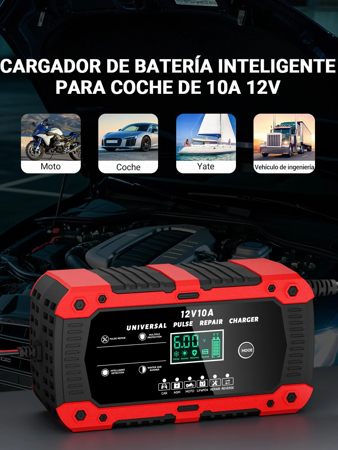 Cargador de Batería de Coche 12V 10A Cargador Baterias Coche y Moto con Pantalla Táctil LCD Inteligente y Múltiples Protecciones Cargador de Batería para Auto Moto Camión AGM, Gel, SLA