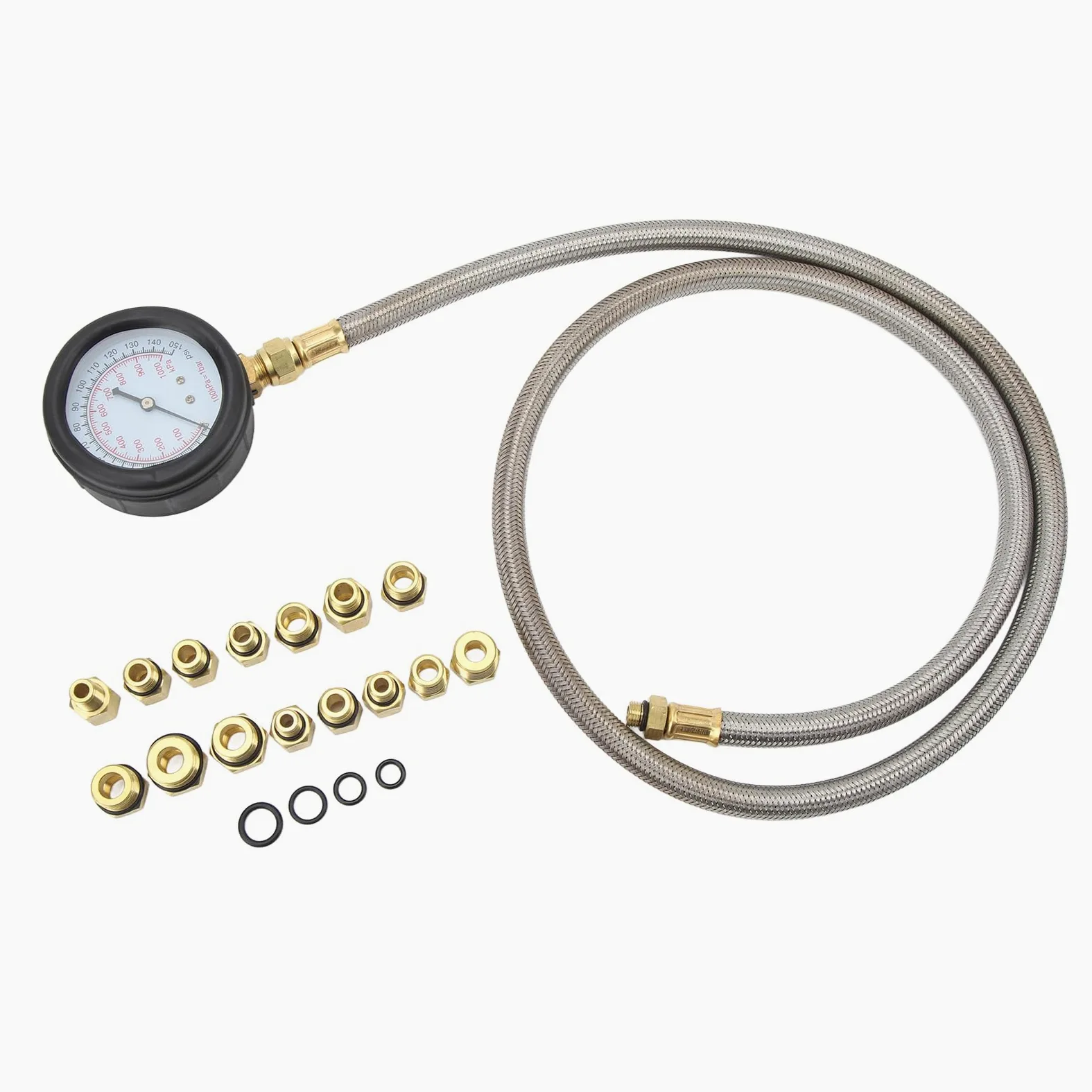 Probador de presión de aceite, kit de medidor de 0-150 PSI con 15 adaptadores, herramienta de diagnóstico de motor de manguera flexible para servicio de vehículos