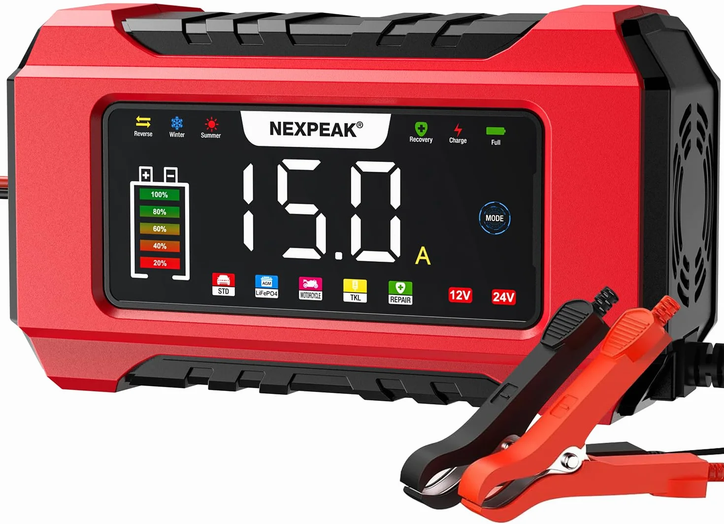 NEXPEAK NC215 Cargador de Batería 15A para Coche, 12V 24V LiFePO4 Portátil 9-Etapas Inteligente - Camión, Moto, Cortacésped, Barco, Marina