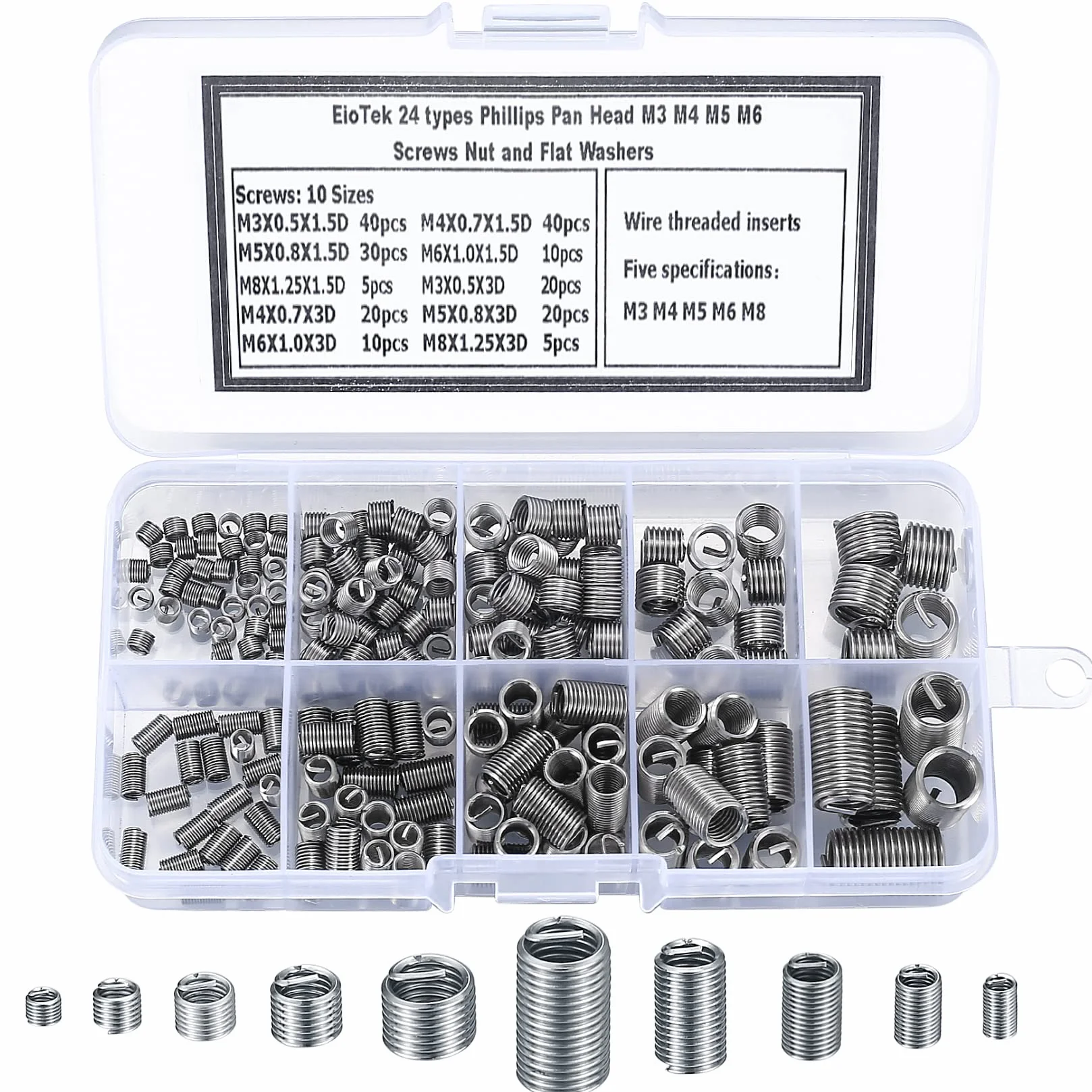 200 Piezas Insertos Roscados, Kit de Helicoil Inserto de Tornilo de Hilo de Alambre, M3 M4 M5 M6 M8 Reparación de Roscas de Alambre de Acero Tipo Helicoil Insertar de Acero Inoxidable