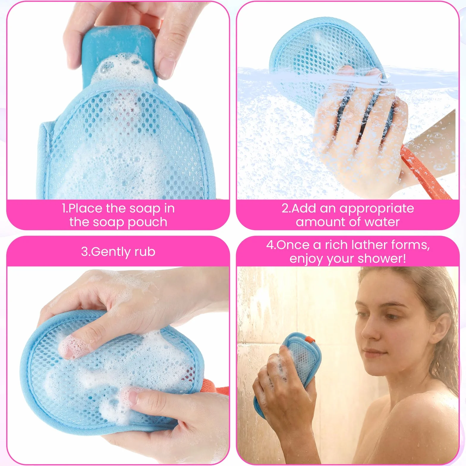 Bolsas de jabón de red para limpieza corporal, exfoliantes suaves, esponjas de baño con asa (azul, rosa, verde, caqui)