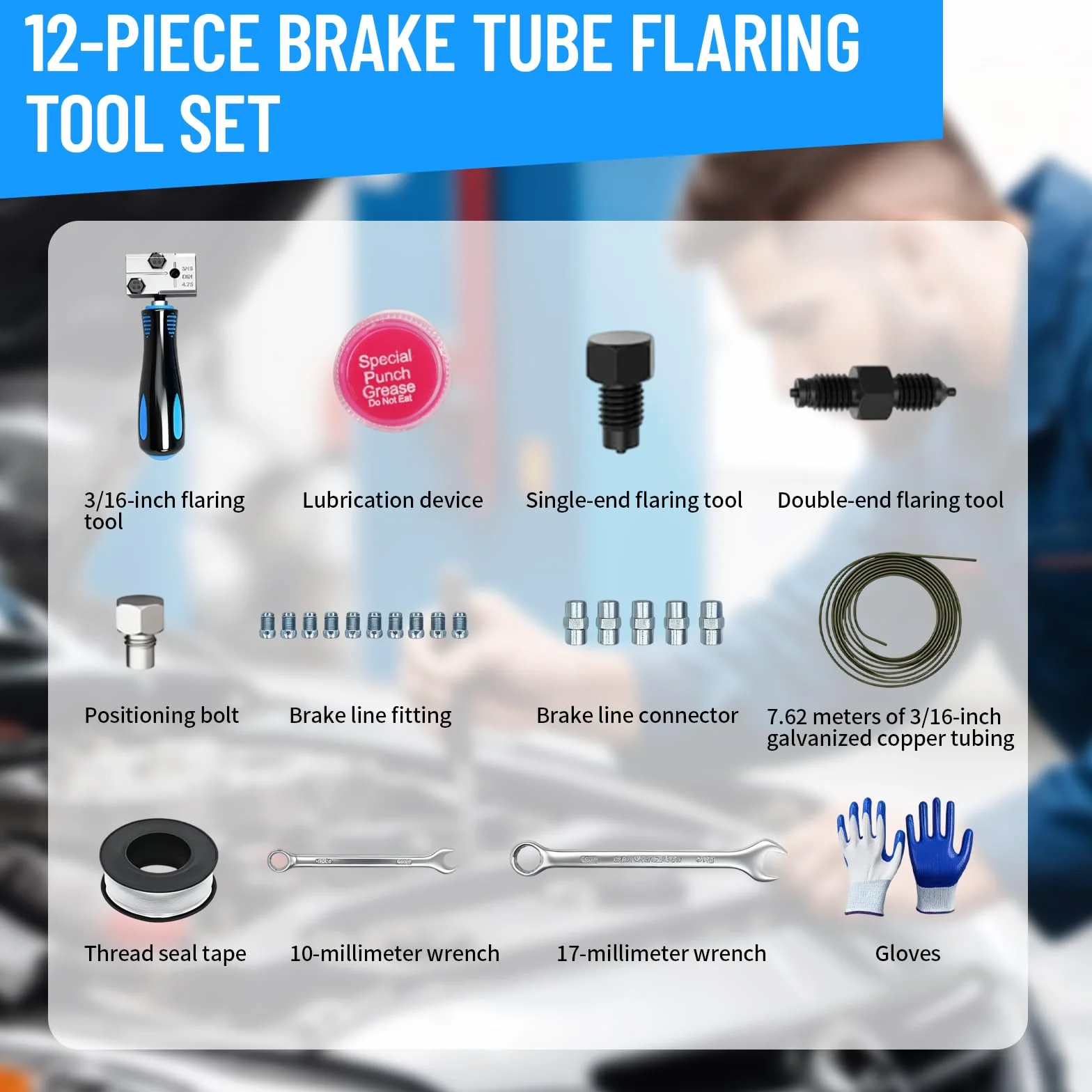 Herramienta de Rebordeo para líneas de Freno DIN con Cable de Freno de 4,75 mm, 5 Conexiones+Cinta de Sellado PTFE, Llave y Guantes para Sistemas de Frenos hidráulicos de vehículos