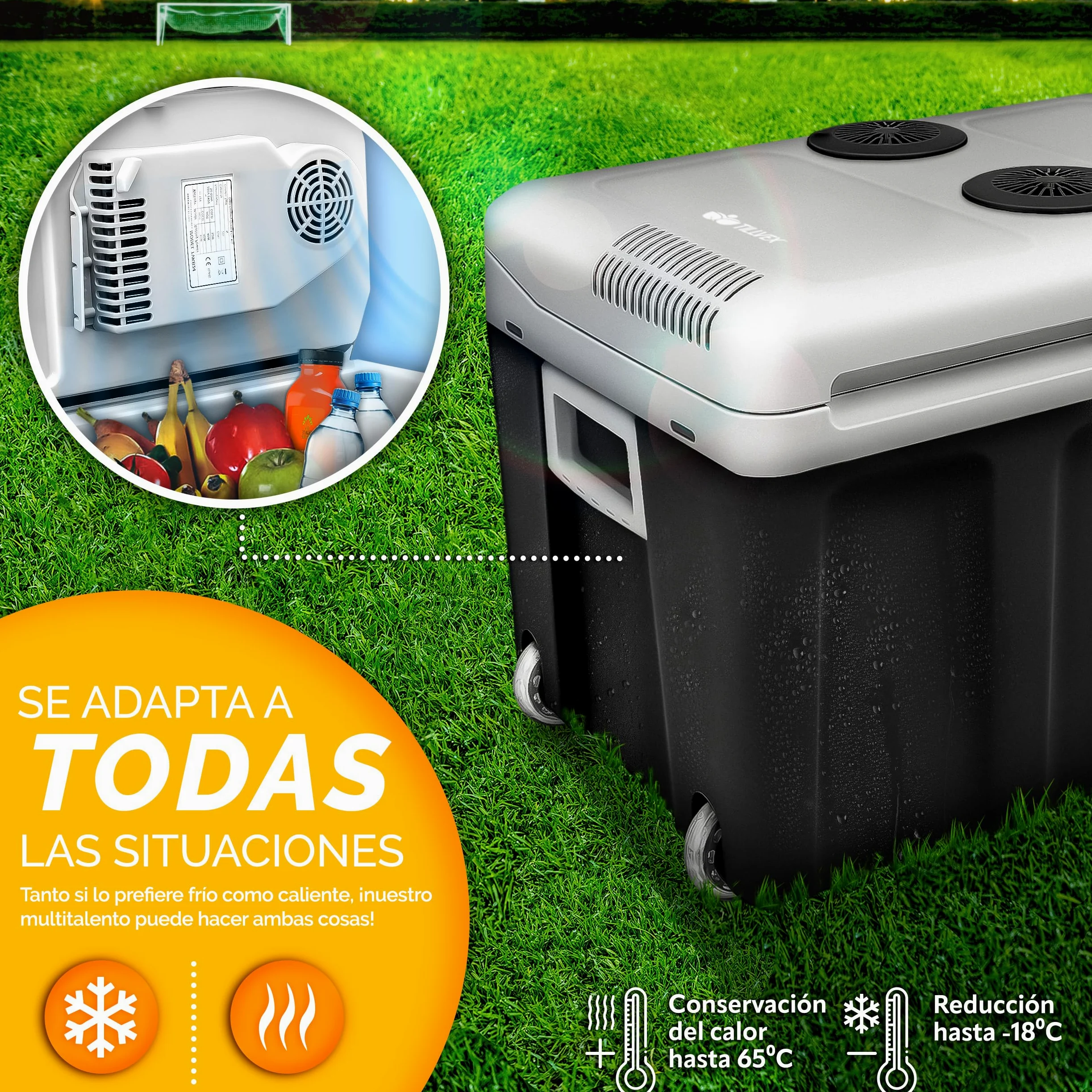 tillvex Nevera portátil eléctrica de 40 litros con ruedas | Mini nevera portátil de 230 V y 12 V para vehículos coches camping | Enfría y calienta | Modo ecológico (Antracita)