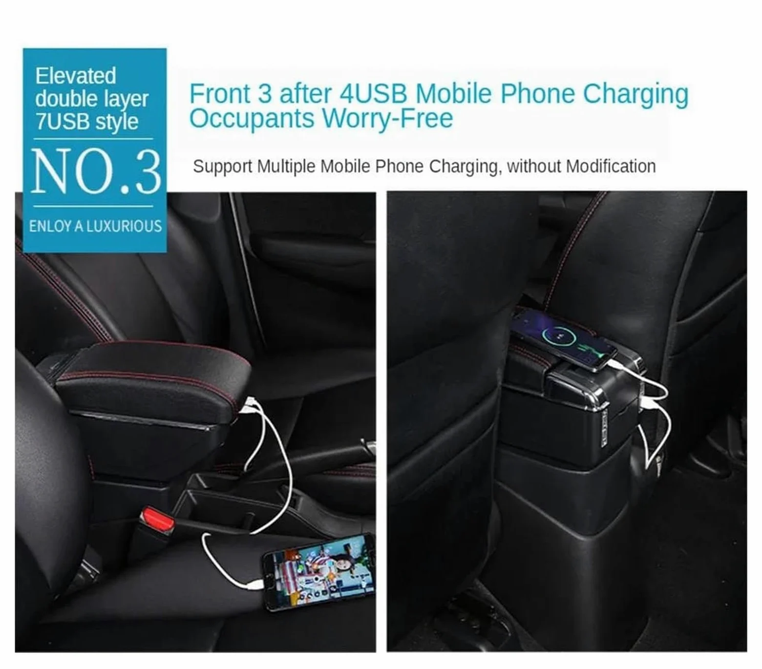 centro consola organizador caja Para MINI Para Cooper R50 R52 R53 R56 R57 R58 F55 F56 F57 Compartimento Reposabrazos Coche Accesorios Almacenamiento Central(D white line 7USB)