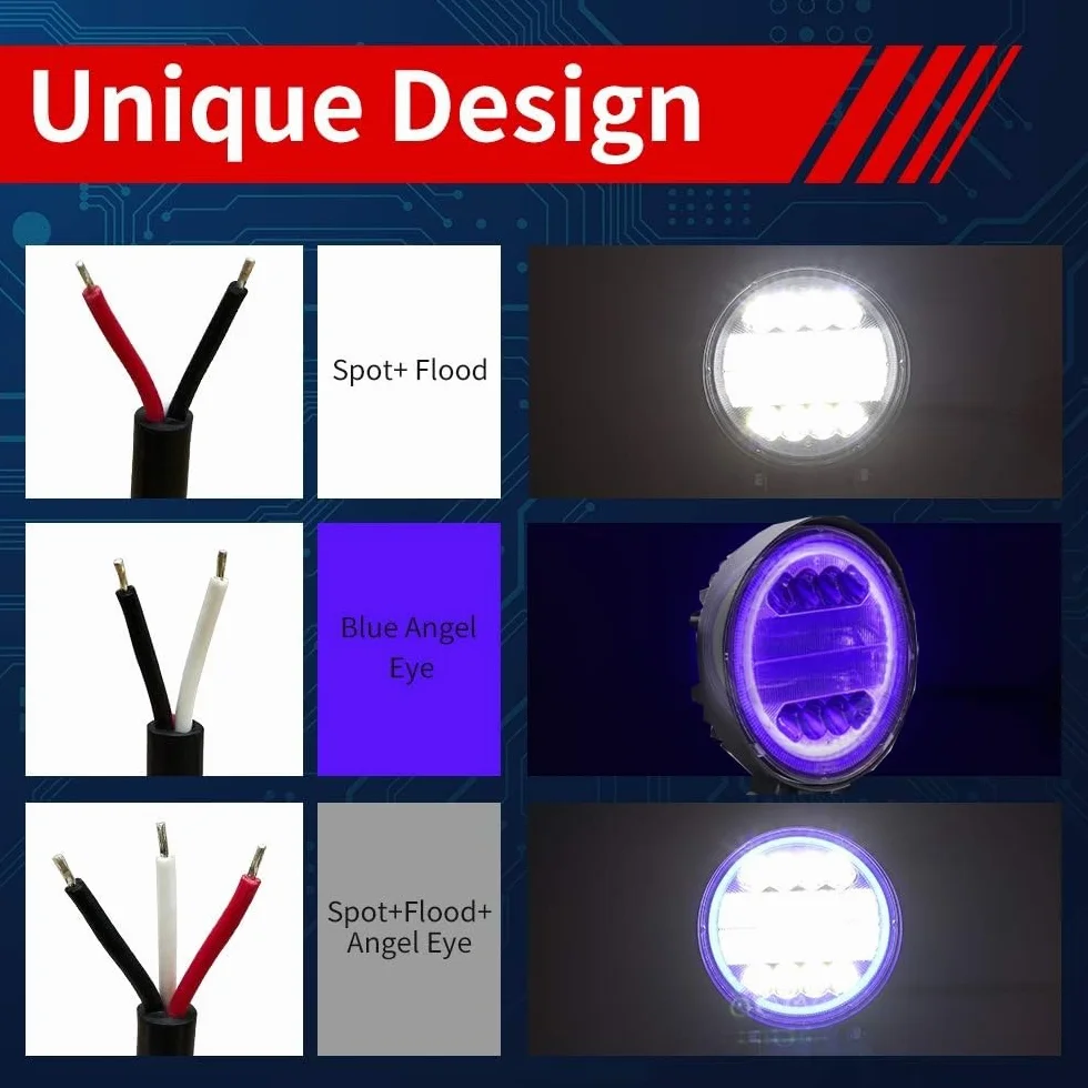4PCS 96W Foco Led Tractor con Azul Angel Eyes,Faros Trabajo LED 12V 24V Focos de Coche LED Potentes Faros Adicionales Coche Luz de Niebla luz Auxiliar Moto 7200LM para Offroad Tractor Camión Barco