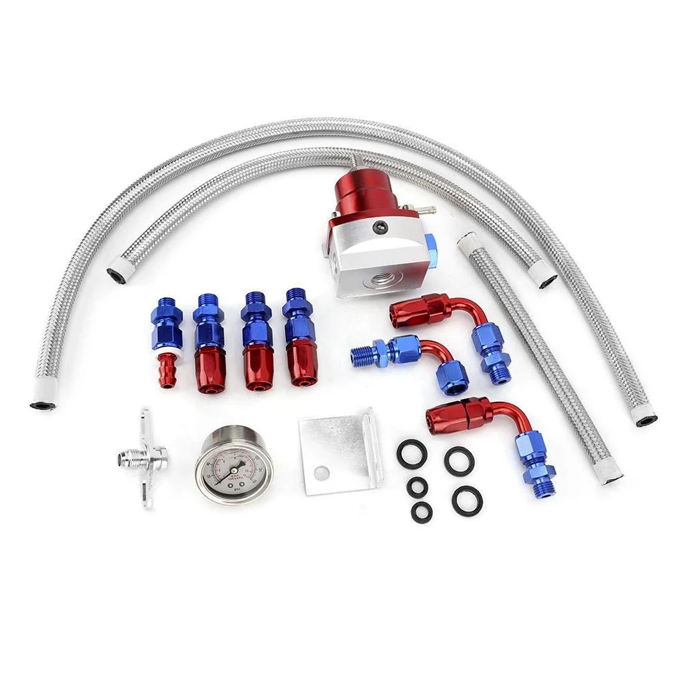 Regulador de combustible Qiilu, kit regulador de presión de combustible de coche ajustable universal de acero inoxidable 304 con manómetro 100PSI(Rojo + plata)