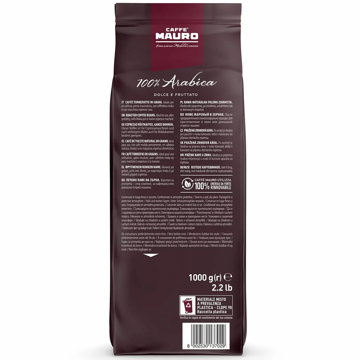 Caffè Mauro Torrefazione Cafè En Grano 1 kg Mezcla 100% Arabica Intensitad 5/10 Made In Italy