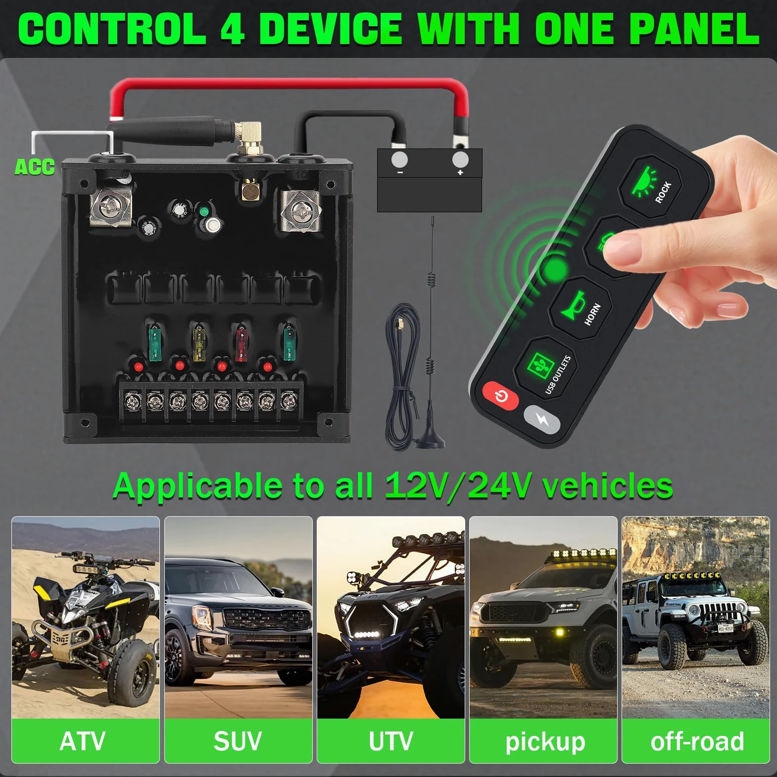 Chelhead Panel de conmutación inalámbrico de 4 marchas, panel de interruptor de una fila para vehículos con función estroboscópica de conmutación 12 V – 24 V, sistema de control de relé universal