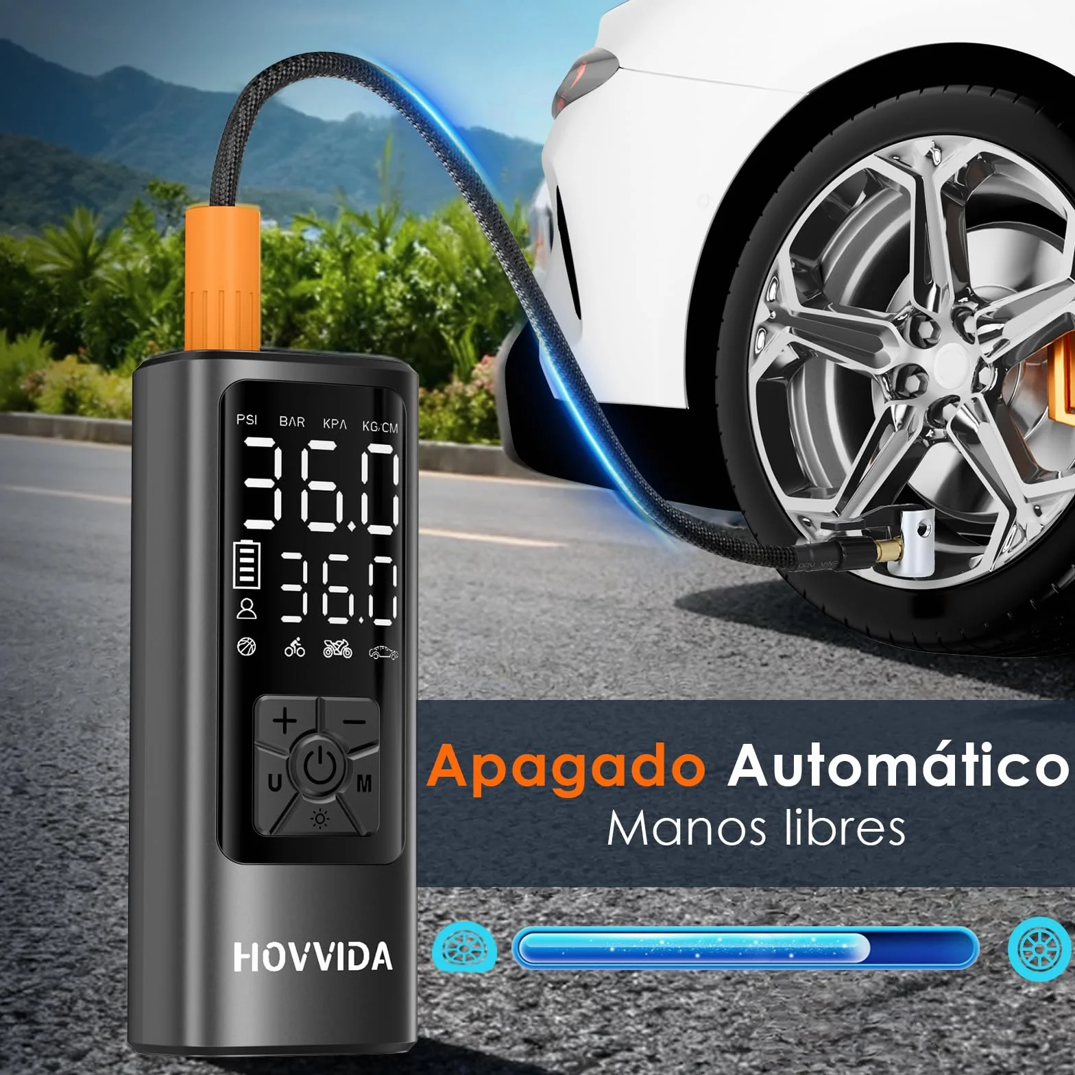HOVVIDA Compresor Aire Portatil 150 PSI 10,3 Bar 5V Inflador Ruedas Coche Bicicleta Batería Recargable LED