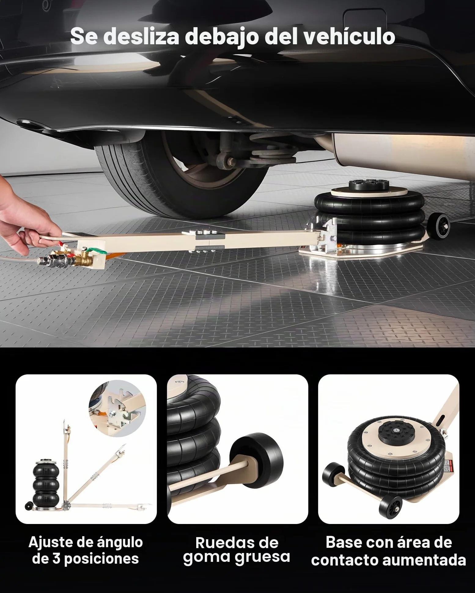 VEVOR Gato Neumático para Coches 3 T, con 6 Tubos de Acero y Manivela Ajustable, Altura de Elevación 140 a 450 mm, para Cambios de Neumáticos y Reparaciones de Vehículo, 1100 x 268 x 140–450 mm