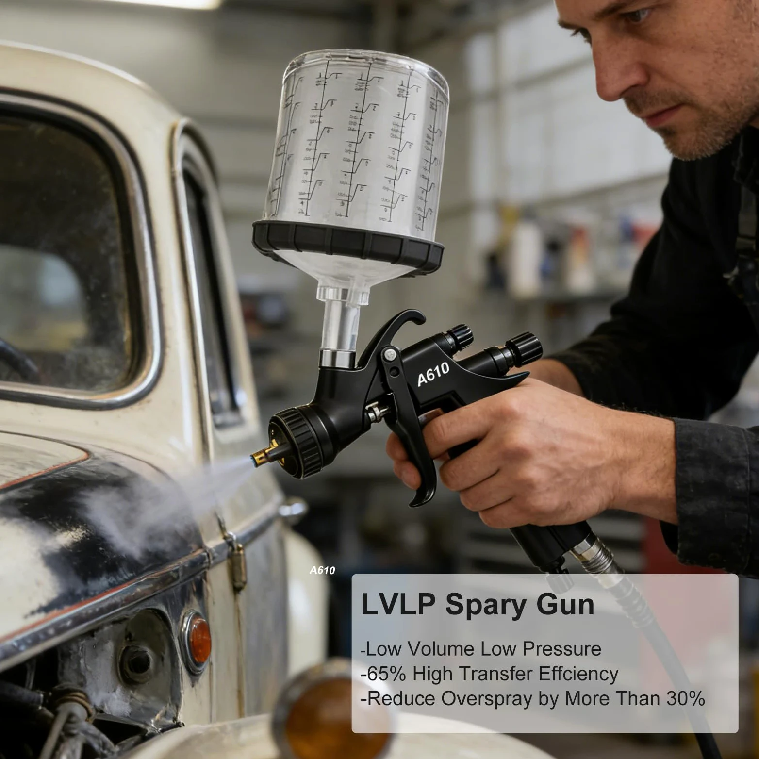 A610 LVLP Pistola de pulverización de aire con 10 vasos de pintura desechables de 650 ml, pistolas de pintura automotriz, pistola de pintura para automóviles, casa, pintura de bricolaje, boquillas de