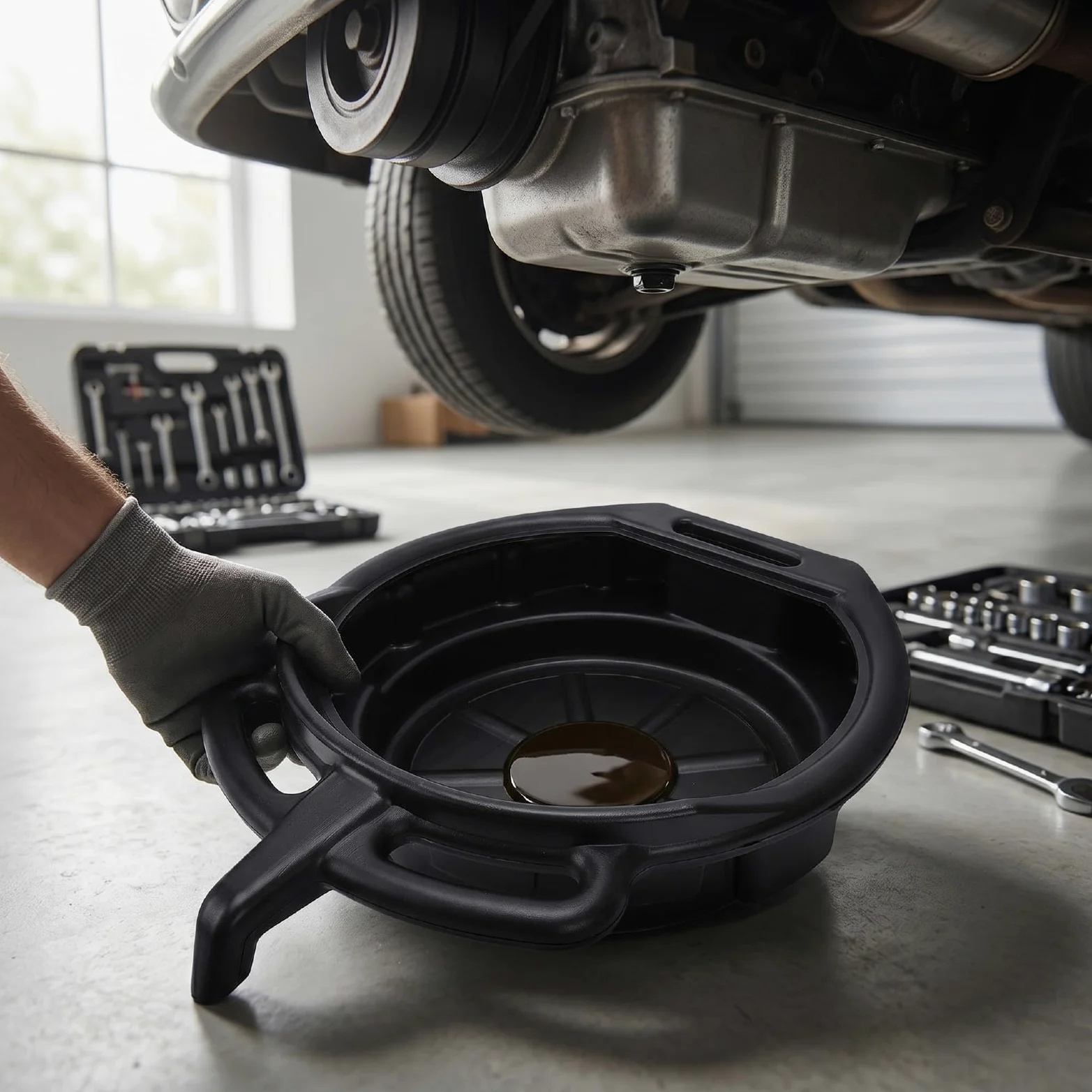 aqxreight Bandeja de Drenaje de Aceite de 15 litros con Tecnología Antisalpicaduras, Recipiente Colector de Goteo de Aceite Negro para Automóviles, Motocicletas y Camiones