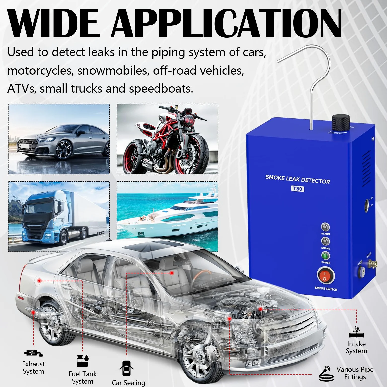 Máquina de Humo 12V para detección de Fugas EVAP, Kit Detector de Fugas para Coche Moto camión y Barco, con Pinzas de alimentación adaptadores y Tubo de Humo