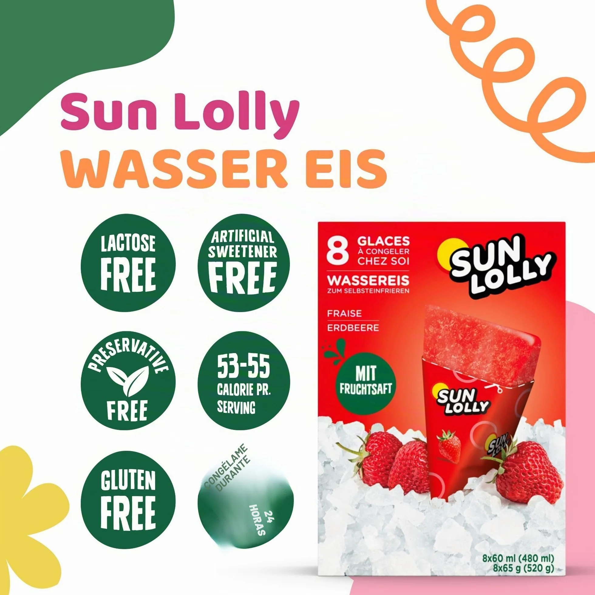 Sun Lolly Helados de agua Fresa 8 piezas 480 ml Sin lactosa Sin gluten
