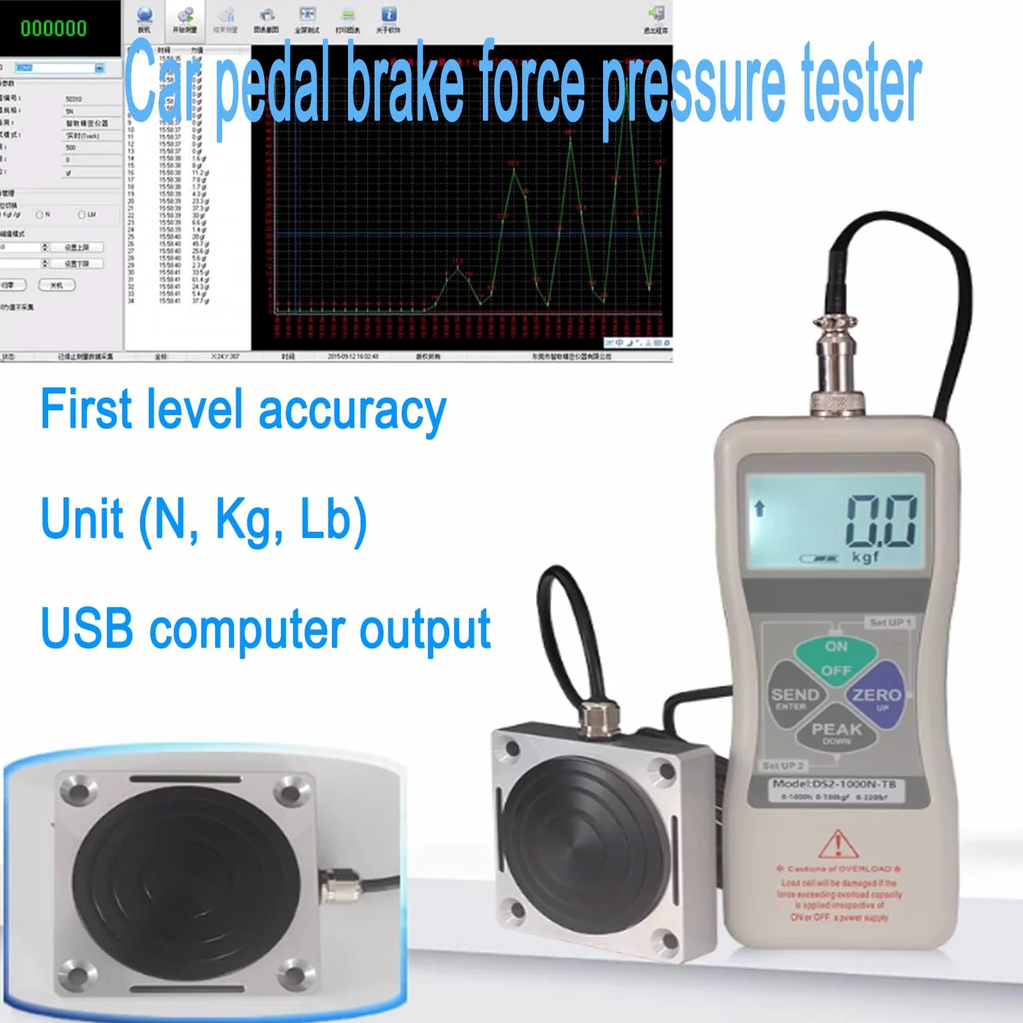 Medidor de Fuerza de Freno del vehículo Probador de Fuerza de Control de Fuerza de Pedal Digital, Unidad (N, Kg, LB), Salida de computadora USB, LCD con retroiluminación automática