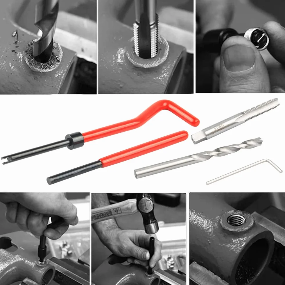 Treki Juego de Reparación de Roscas 30 Piezas M6 Thread Repair Kit Herramientas de Mano HSS Drill Helicoil Kit de Inserción de Reparación de Roscas para Reparación Automóvil