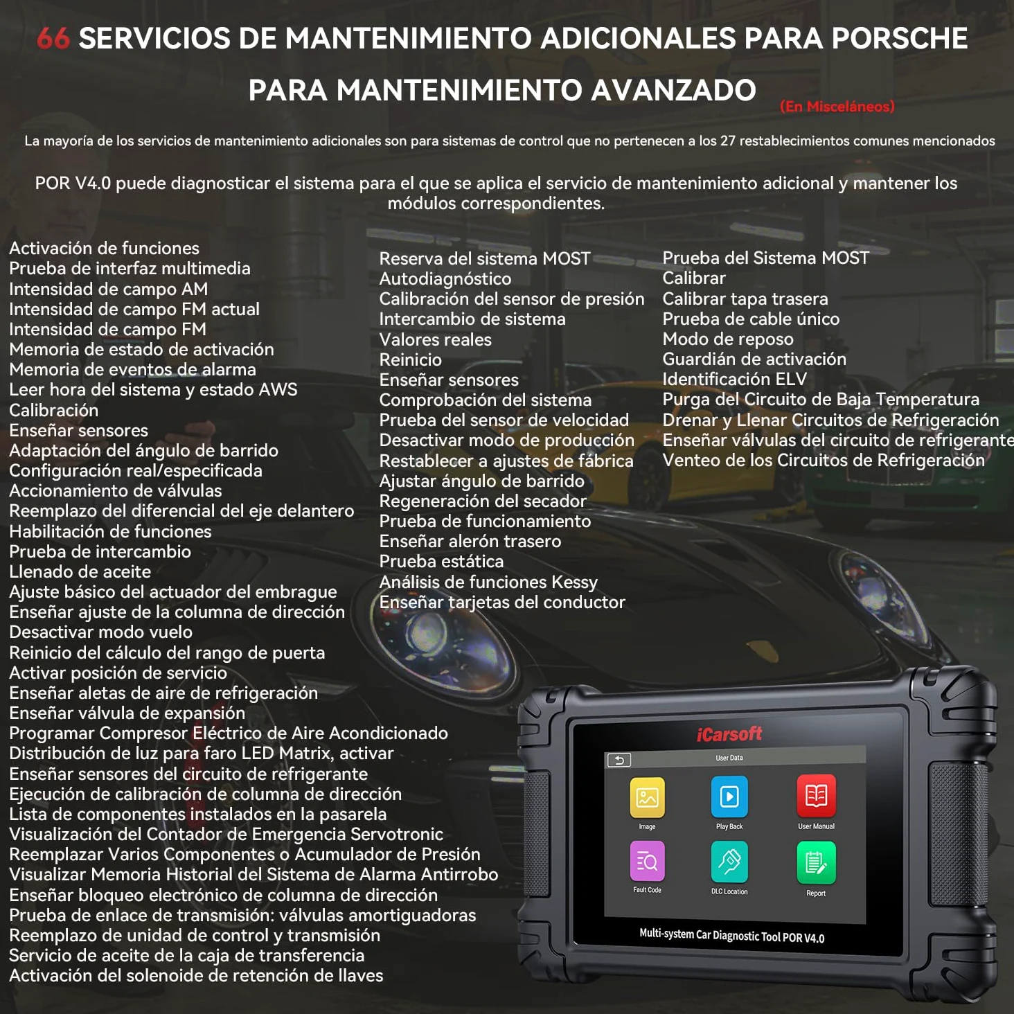 iCarsoft por V4.0 Herramienta de Diagnóstico para Porsche +2 Marcas de Vehículos Extra, Escáner OBD2 con Prueba Bidireccional/26 Servicios (177 Subservicios) +66 Servicios Extra, Registro de Batería
