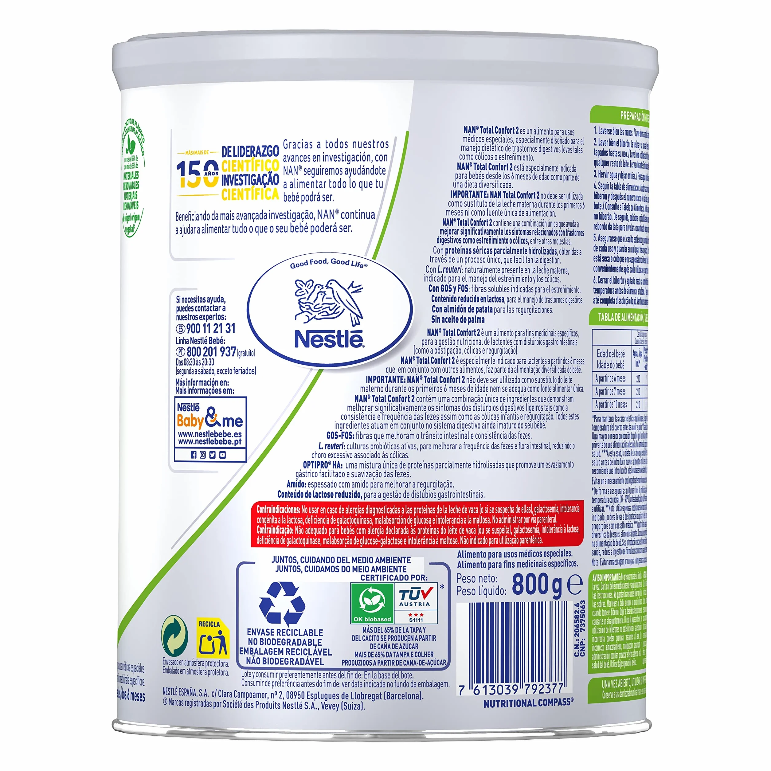 Nestlé NAN TOTAL CONFORT 2 Leche para bebés 800g 3 szt.