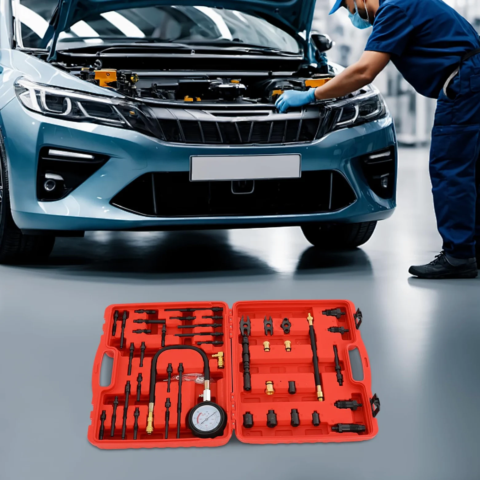 Compresor medidor de compresión, 0 – 40 bar, juego de herramientas de comprobación de presión de motor para motores de gasolina y diésel, comprobador de compresión