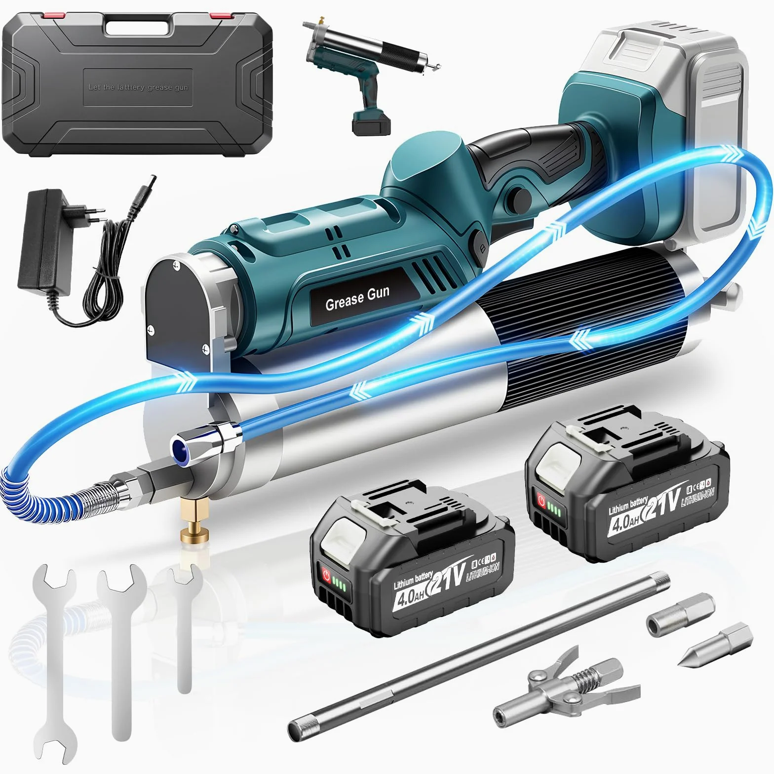Yofuly 12000PSI Engrasadora Batería Compatible con Makita 18V Baterías, 2 en 1 Pistola Engrasar Eléctrica 5,3oz/min con 2 Baterías de 4,0Ah |Luz LED,Manguera de 1m y 3 Boquilla para Maquinaria Pesada
