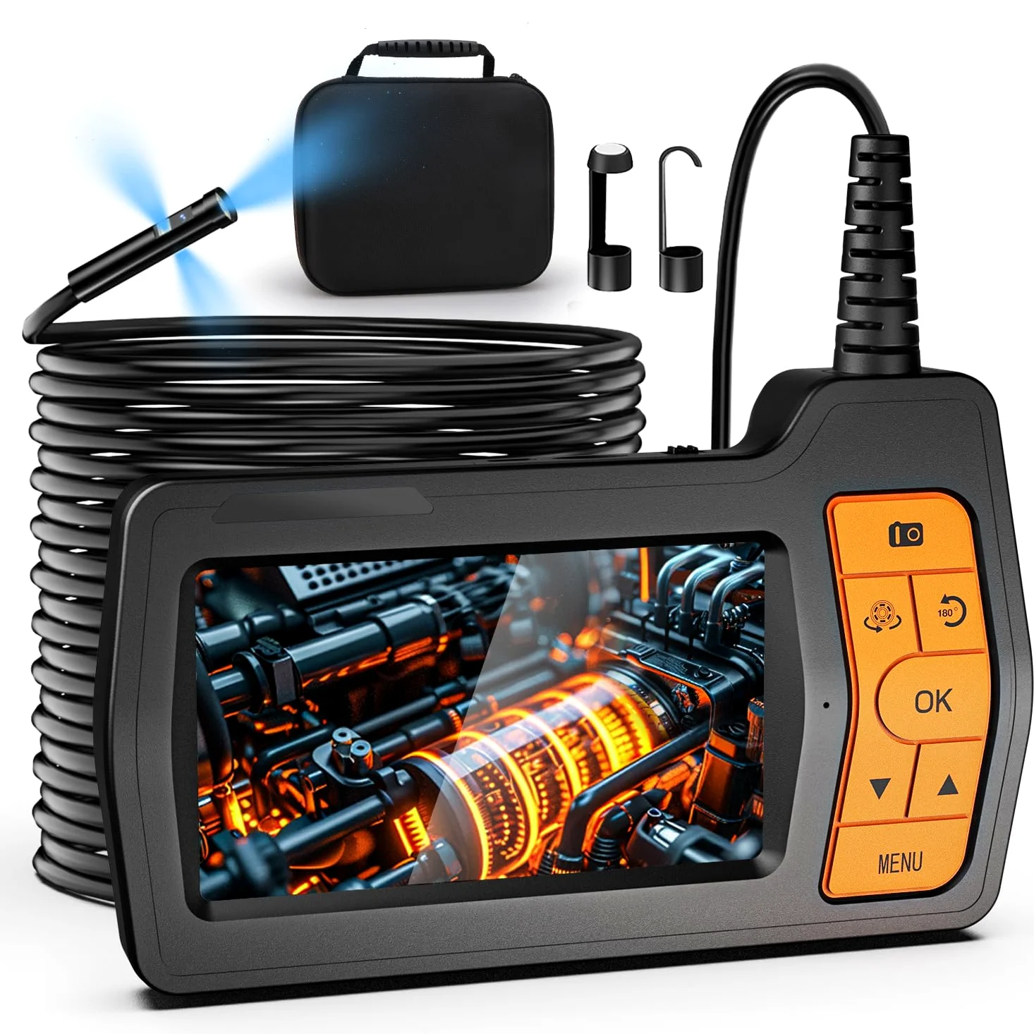 Endoscopio Industrial de Triple Lente, Cable de 15m de Serpiente Flexible con 8 más 2 Luces LED, 5" Pantalla IPS Cámara de Inspección, 1080P Cámara Inspección Tuberias para Auto, Fontanería