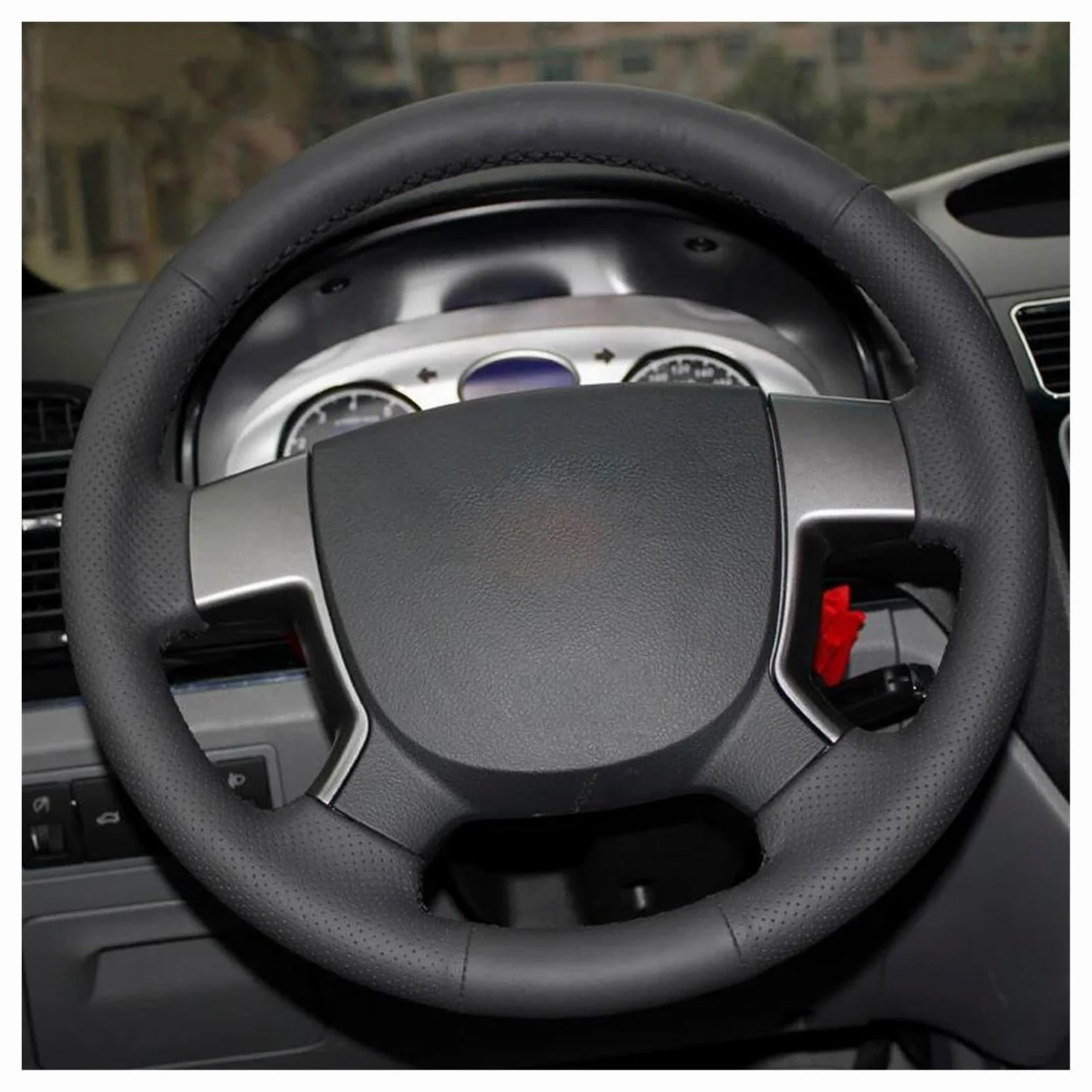 para Geely para E&mgrand para EC7 para EC715 para EC718 Funda para Volante de Coche Cuero Negro Cosida a Mano 38CM / 15'' Funda Volante Coche(Red Thread)