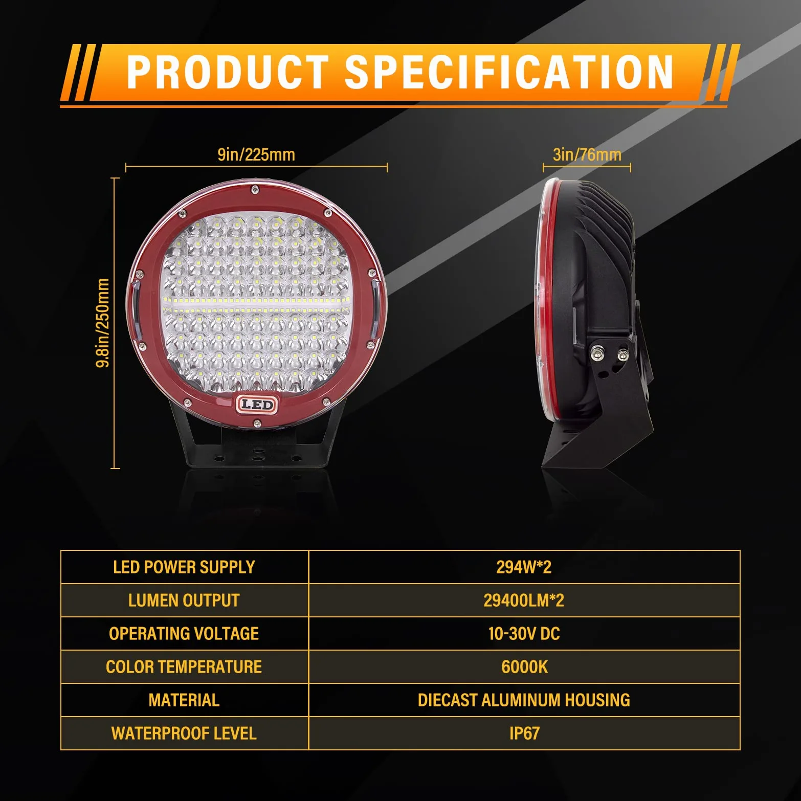 RIGIDON 2 Pcs faros trabajo led redondo, 9 pulgadas 294W Rojo Spot lámpara trabajo led 12V 24V foco led tractor impermeable para off road camión coche ATV UTE SUV 4x4, 6000K Blanca faros antiniebla
