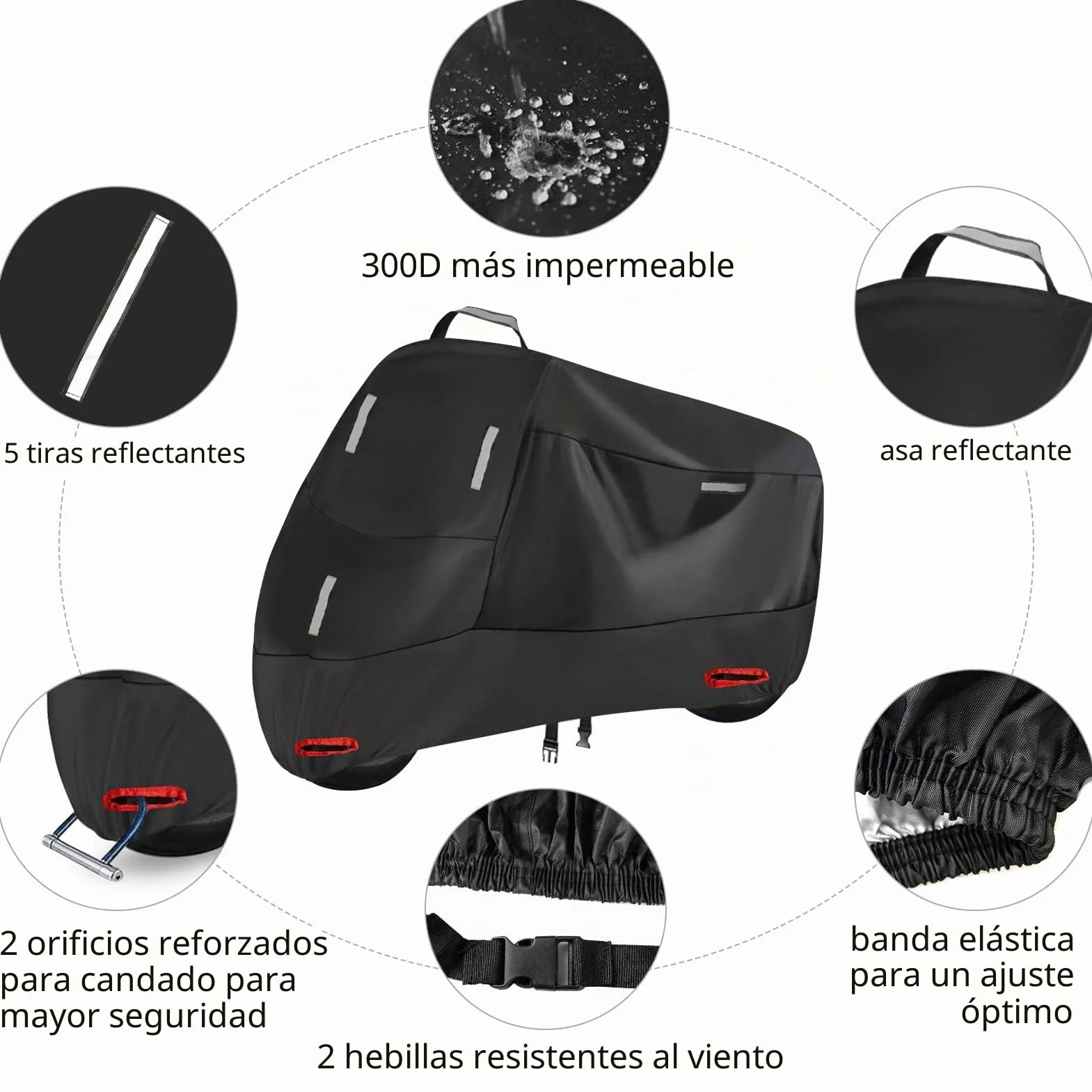 Funda Moto Impermeable para Exterior Interior, 300D Cubierta de Motocicleta Scooter Moped con 5 Tiras Reflectantes y 2 Orificios para Cerradura, 2 Hebillas de fijación (L: 220 x 95 x 110 cm)