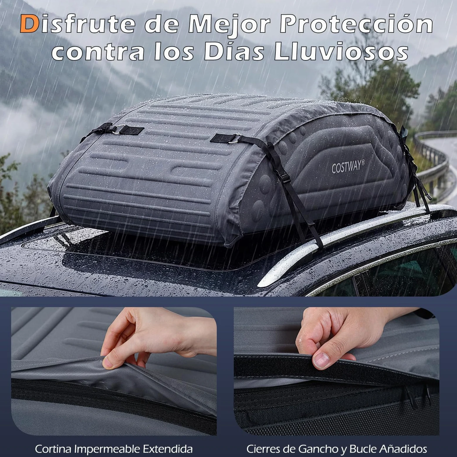 COSTWAY Bolsa de Techo de Coche Capacidad de 425 litros Bolsa de Portaequipajes Impermeable con Correas para Vehículos SUV Negro (Gris)
