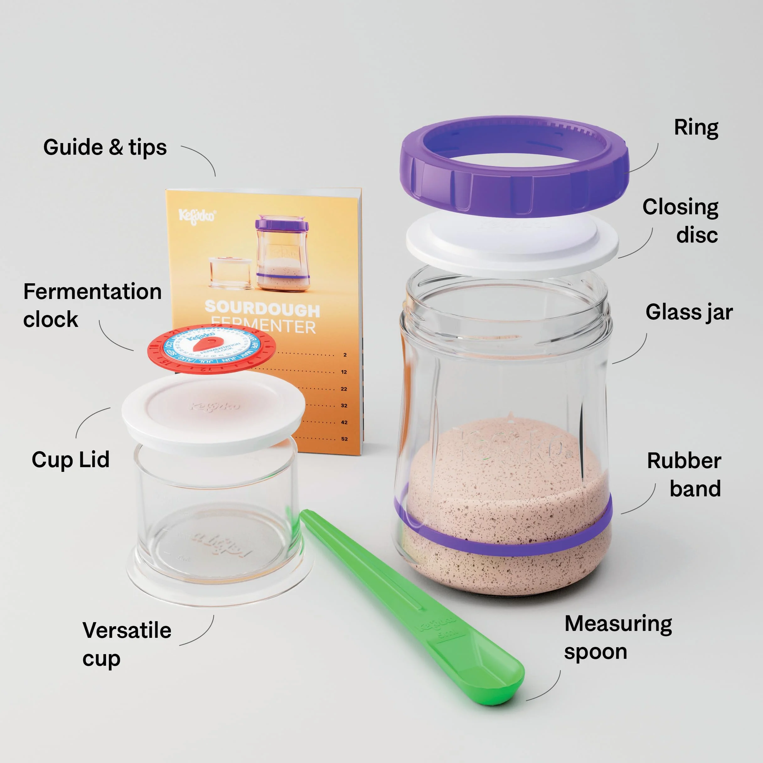 Kefirko Fermentador de masa madre 900 ml verde tarro de vidrio cuchara medidora reloj de fermentación