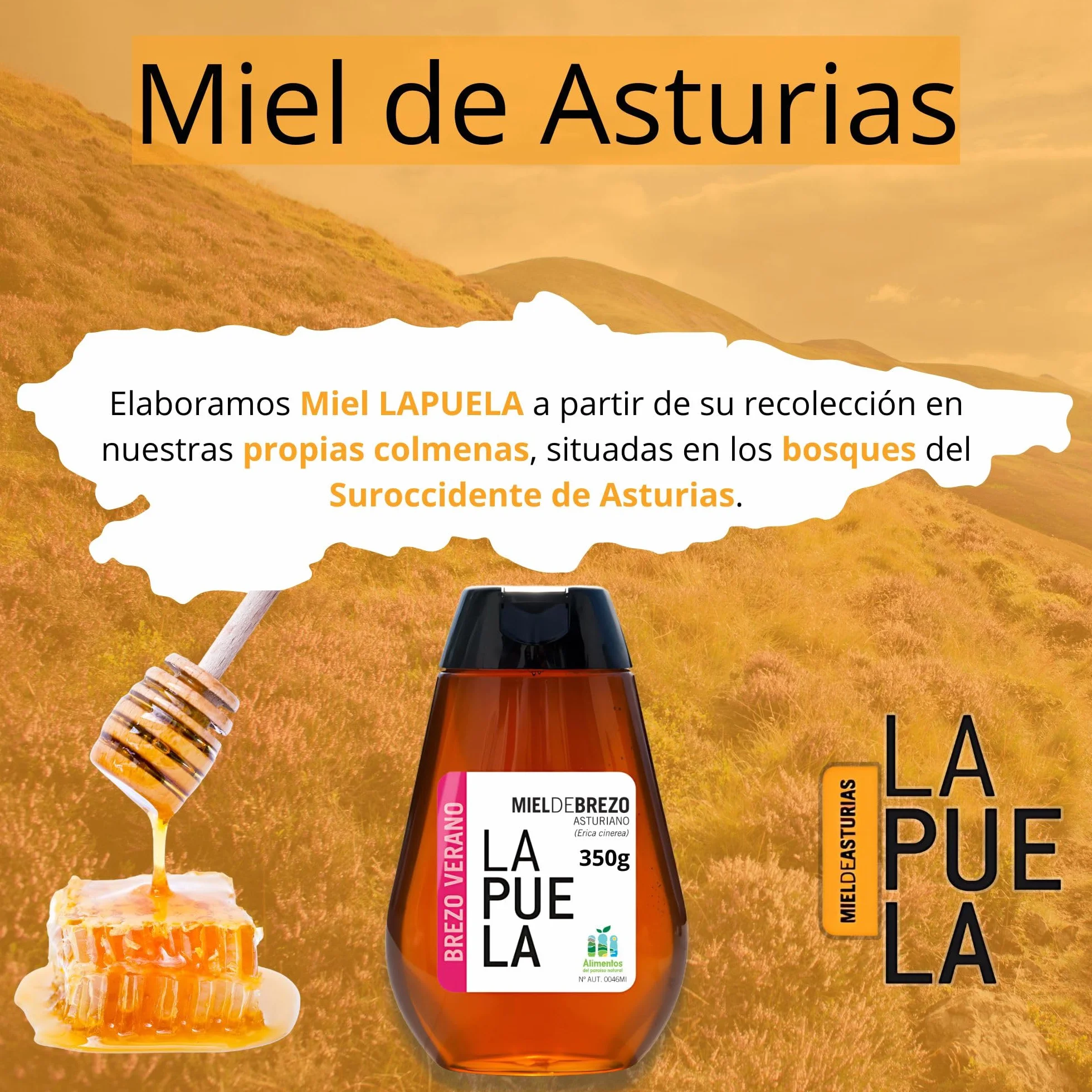 LAPUELA Miel de Brezo Verano 100% Natural Pura de Abeja Aroma Floral Intenso Sabor Dulce Equilibrado Producción Artesanal Asturias
