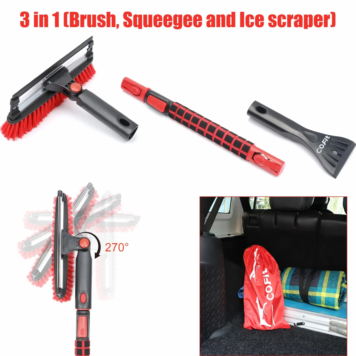 COFIT 3 en 1 Cepillo de Nieve y Rascadores Hielo con Telescopico Mango, 100cm Rasqueta Vitroceramica Parabrisas, Herramienta Quitar Sin Arañazos para Autocaravanas Camion SUV Exterior Limpieza, Rojo