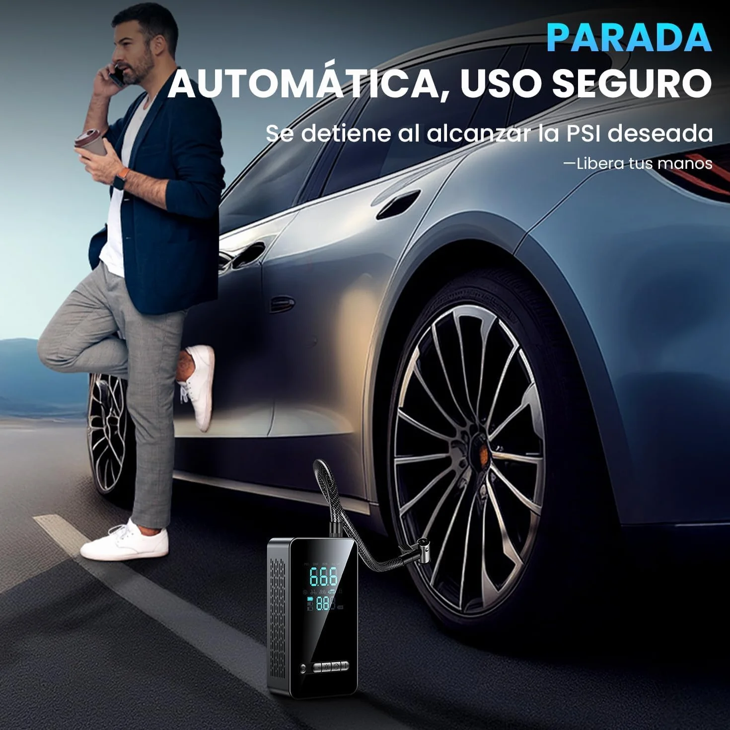 Inflador Eléctrico Portátil 150PSI con Parada Automática, Hinchador de Ruedas para Coche Moto Bicicleta