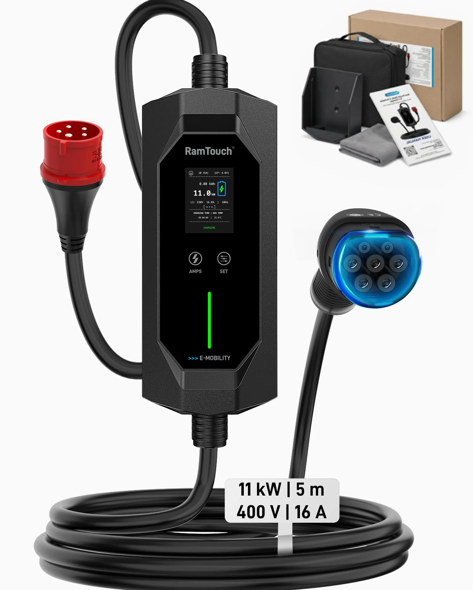Cargador Coche Eléctrico 11 kW, 16 A, 5 m | CEE Rojo 5P a Tipo 2 | Trifásico | IP67 | 6–16 A | Timer + inicio diferido | LCD 2,4" | RCD CA/CC | Cable Modo 2 / wallbox móvil | para VE y PHEV