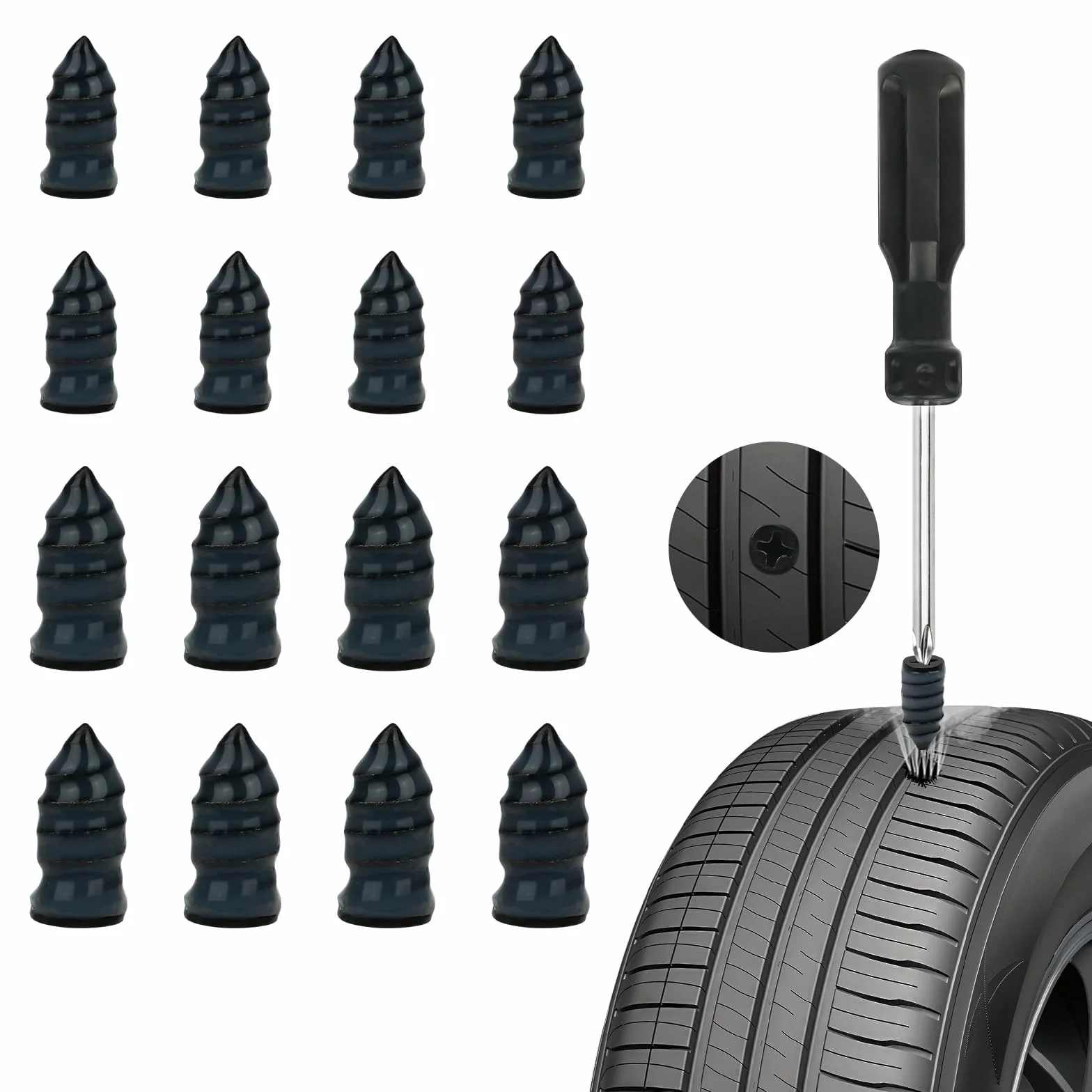 Tire Repair Stud Kit 16 PCS Clavos de Reparación de Neumáticos de Goma, 2 Tamaños con Destornillador, Coche Motocicleta Camión Bicicleta