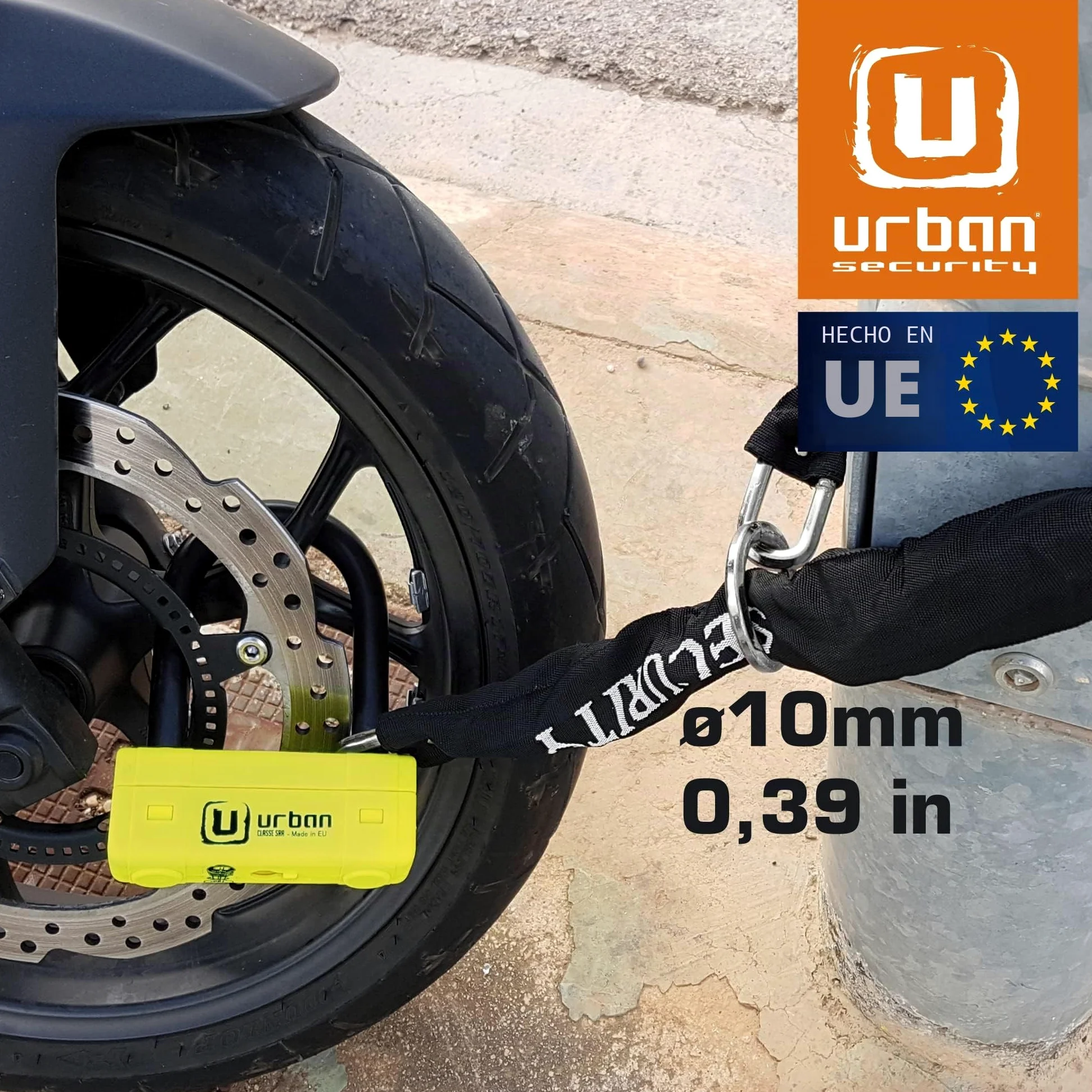 URBAN UR85120Y+10.120L Candado Moto U Homologado SRA + Cadena Acero Endurecido 120cm Más Largo con Sistema Lazo, Horquilla Acero Endurecido ø18mm, Máxima Seguridad Antirrobo Universal para Motocicleta