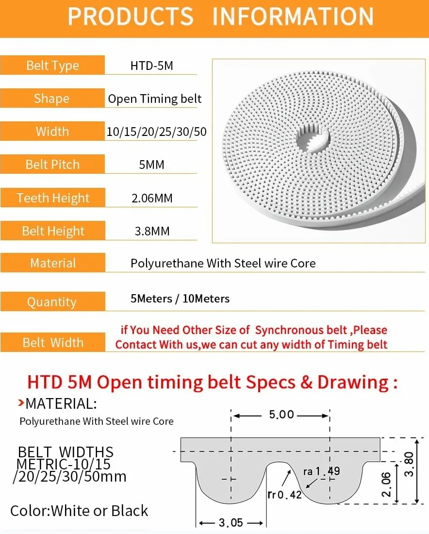 Drive Belt Correa Distribución Abierta HTD 5M Poliuretano Blanco Con Dientes Ancho 10/12/15/20/25/30/50Mm Núcleo Acero(2 meters,40mm)