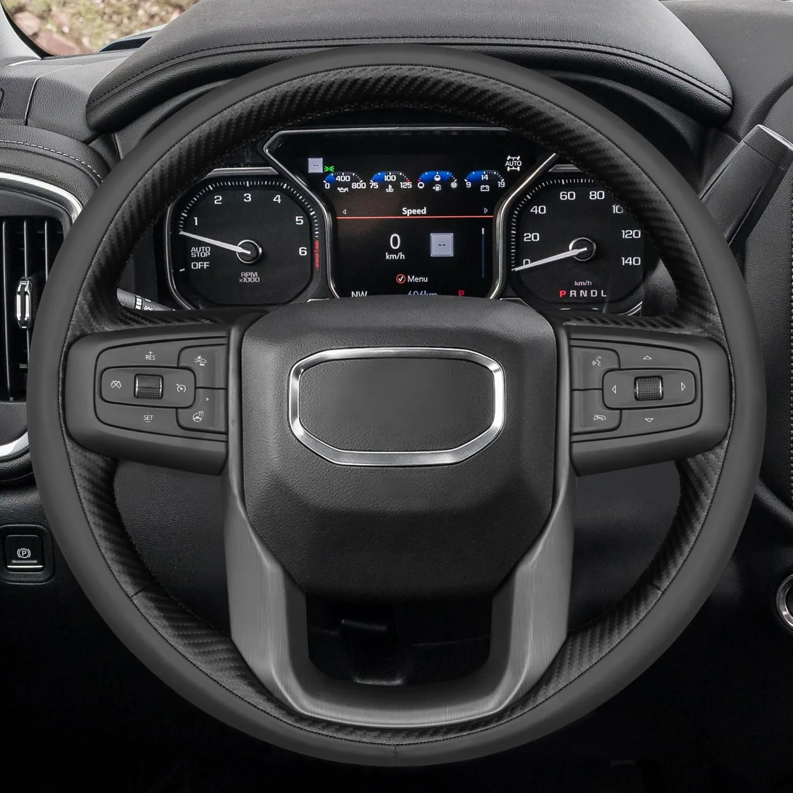 Funda para Volante de Coche para GMC Sierra 1500 / Sierra 1500 Limited/Sierra 2500 3500 / Yukon (XL) Fabricada en Microfibra de Cuero con Acabado Brillante de Fibra de Carbono